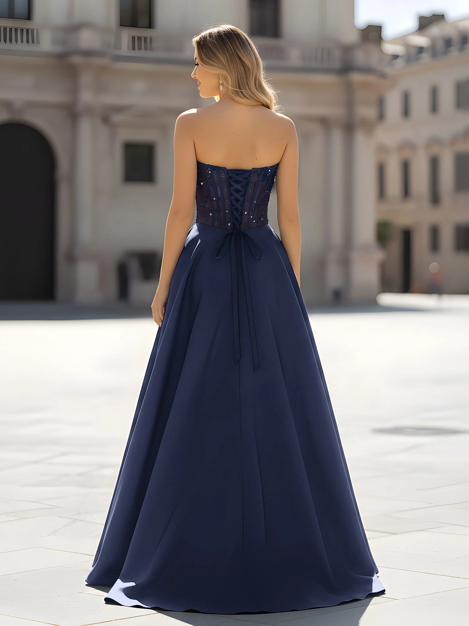 Pailletten Herzform Oberteil A-Linie Kleid mit Schlitz Dunkelmarine - Image 2