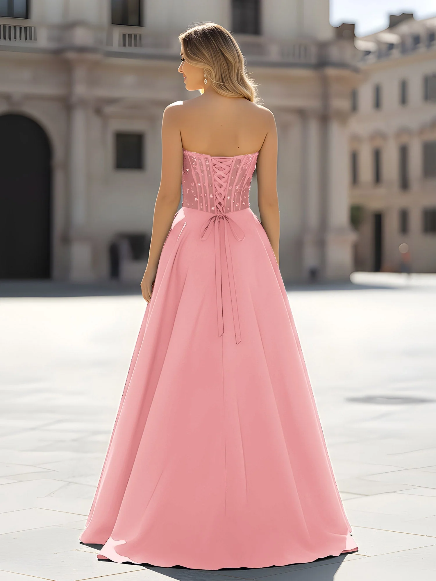 Pailletten Herzform Oberteil A-Linie Kleid mit Schlitz Flamingo - Image 2
