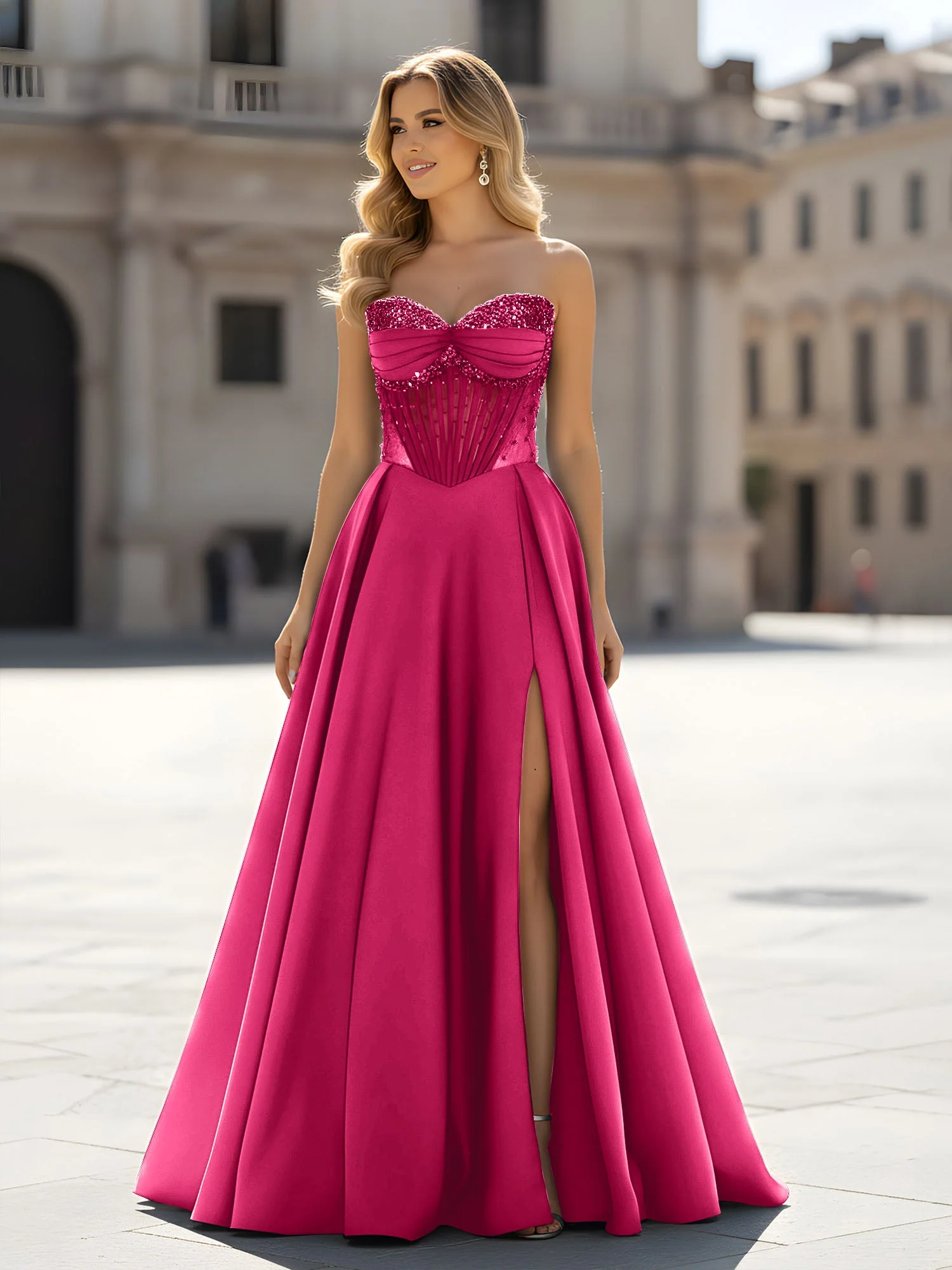 Pailletten Herzform Oberteil A-Linie Kleid mit Schlitz Fuchsia