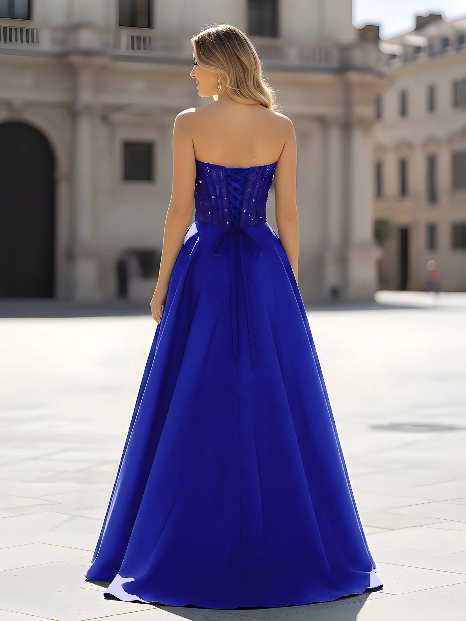Pailletten Herzform Oberteil A-Linie Kleid mit Schlitz Königsblau - Image 2