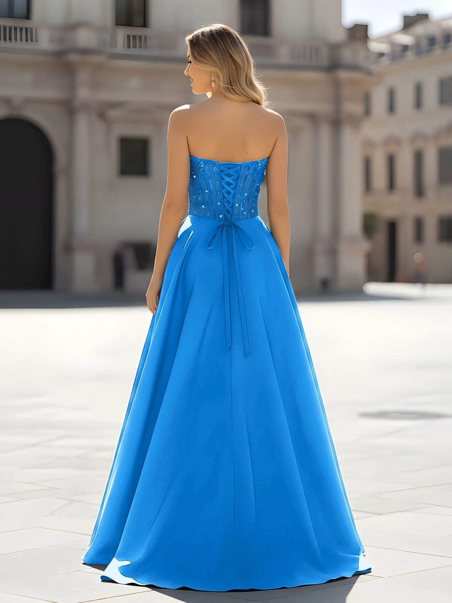 Pailletten Herzform Oberteil A-Linie Kleid mit Schlitz Meerblau - Image 2