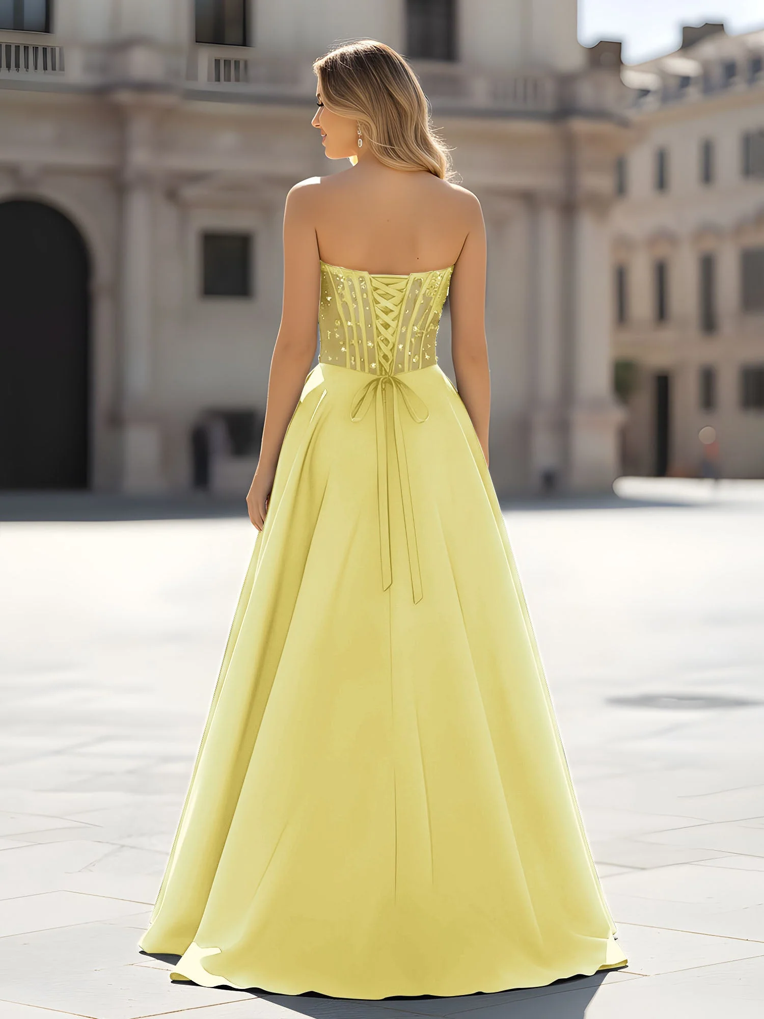 Pailletten Herzform Oberteil A-Linie Kleid mit Schlitz Narzisse - Image 2