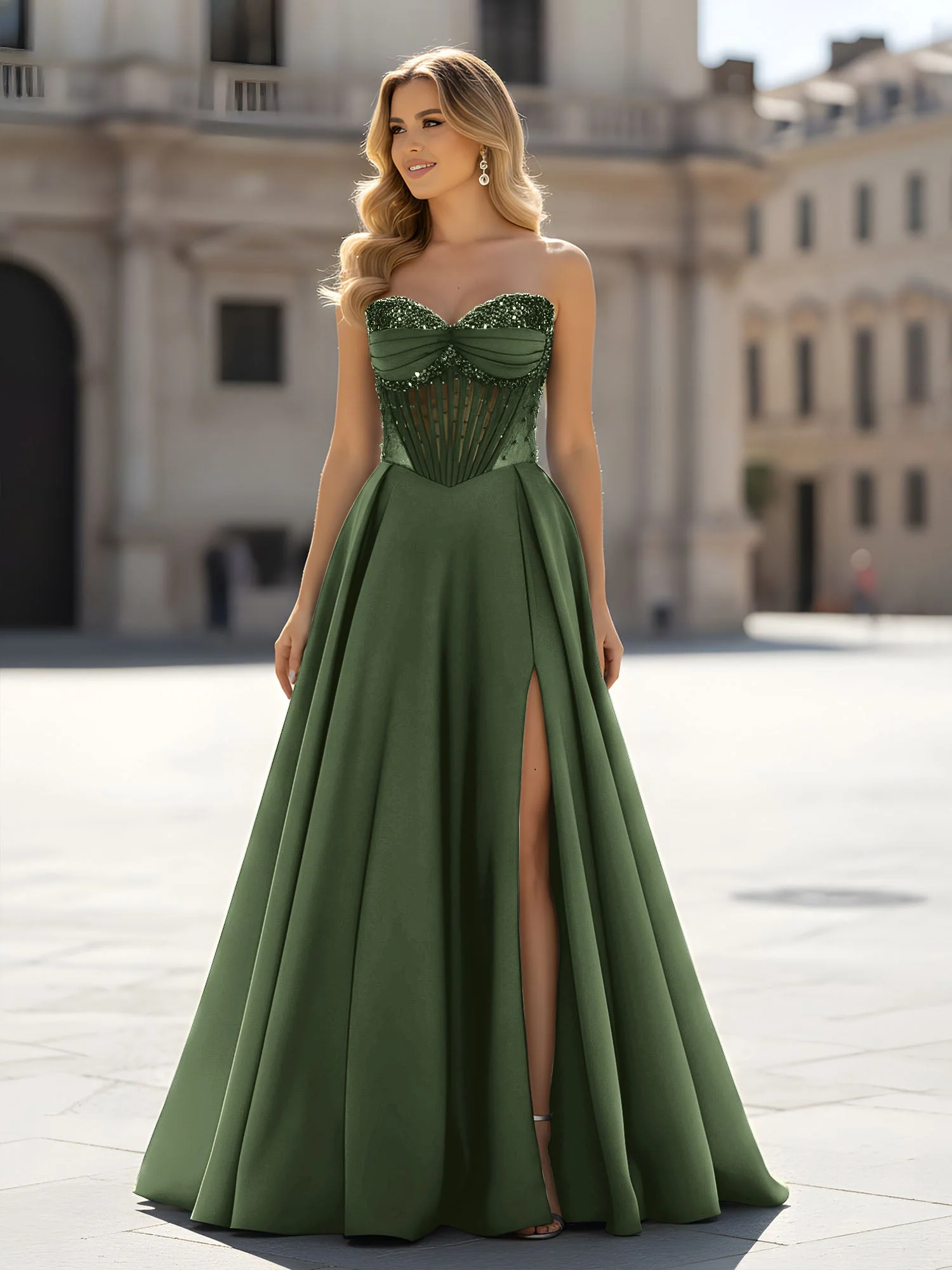 Pailletten Herzform Oberteil A-Linie Kleid mit Schlitz Olivgrün