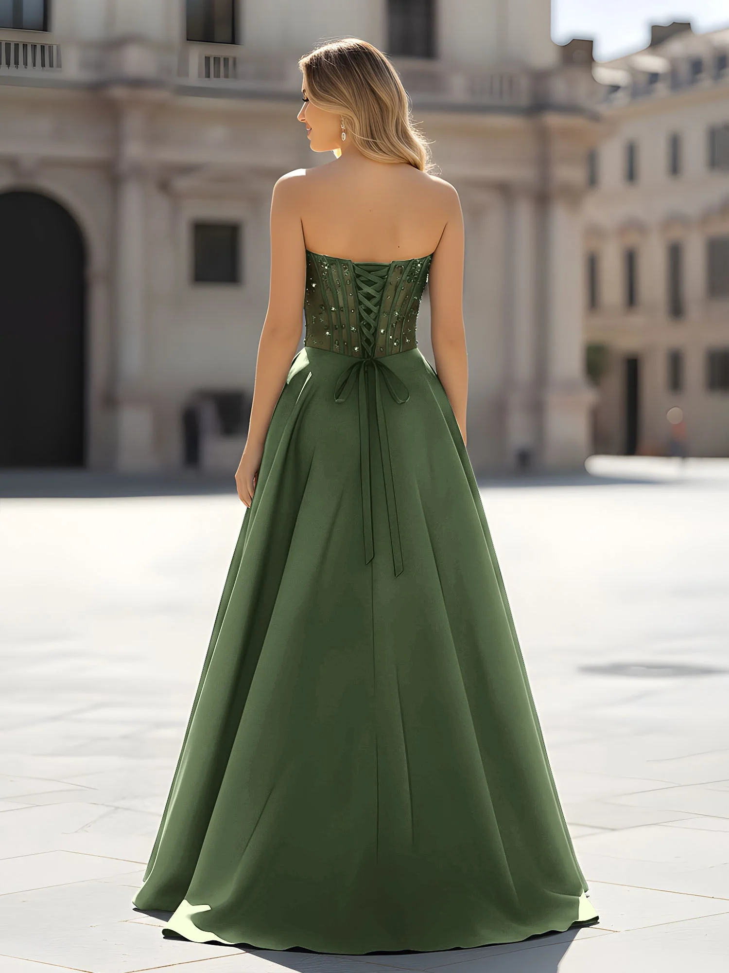 Pailletten Herzform Oberteil A-Linie Kleid mit Schlitz Olivgrün - Image 2