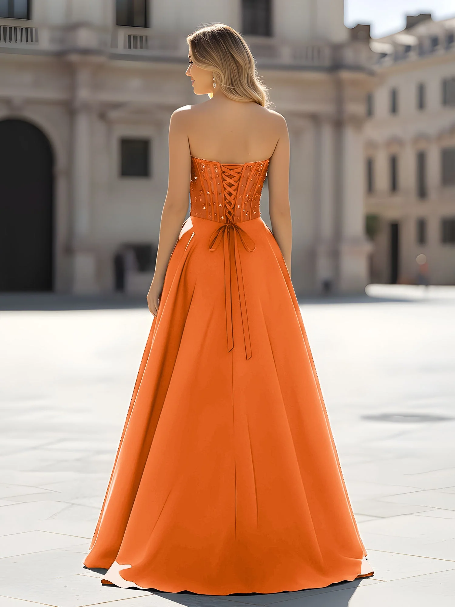 Pailletten Herzform Oberteil A-Linie Kleid mit Schlitz Orange - Image 2