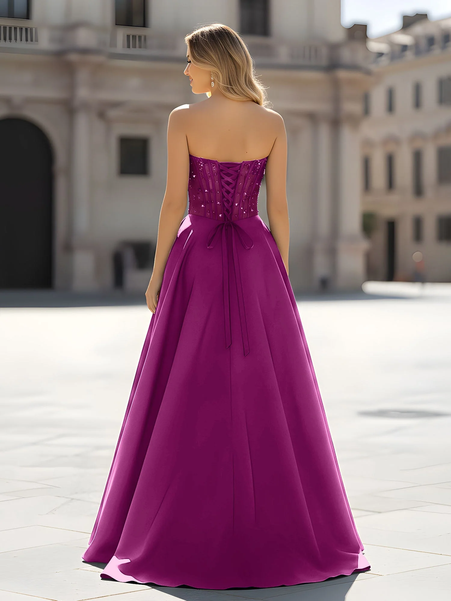 Pailletten Herzform Oberteil A-Linie Kleid mit Schlitz Orchidee - Image 2