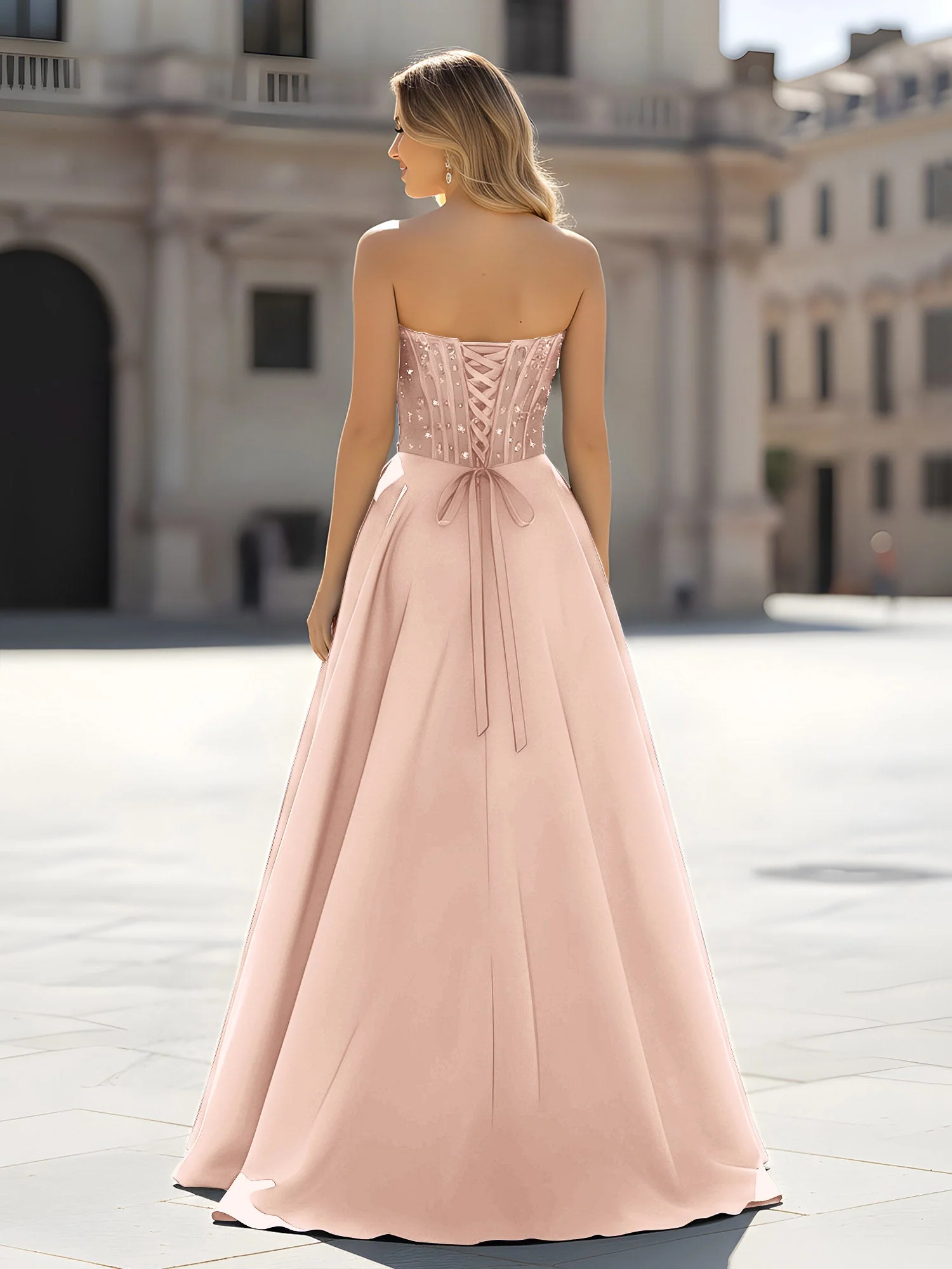 Pailletten Herzform Oberteil A-Linie Kleid mit Schlitz Perlrosa - Image 2