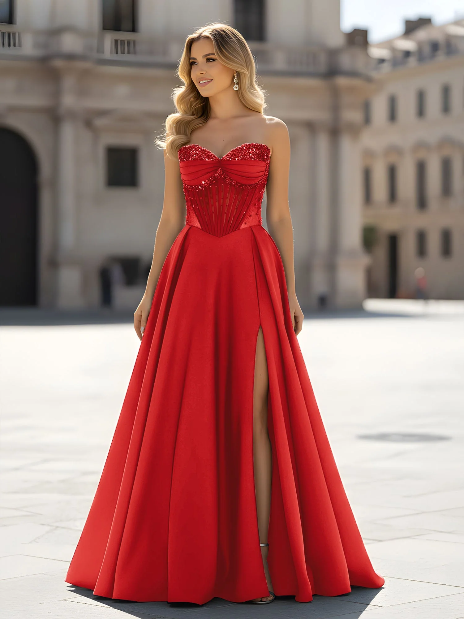 Pailletten Herzform Oberteil A-Linie Kleid mit Schlitz Rot