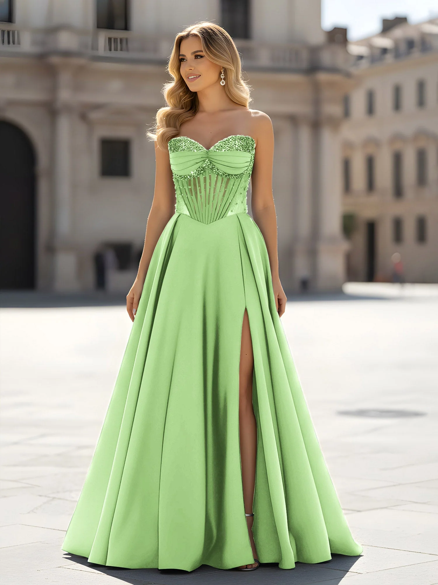 Pailletten Herzform Oberteil A-Linie Kleid mit Schlitz Salbei