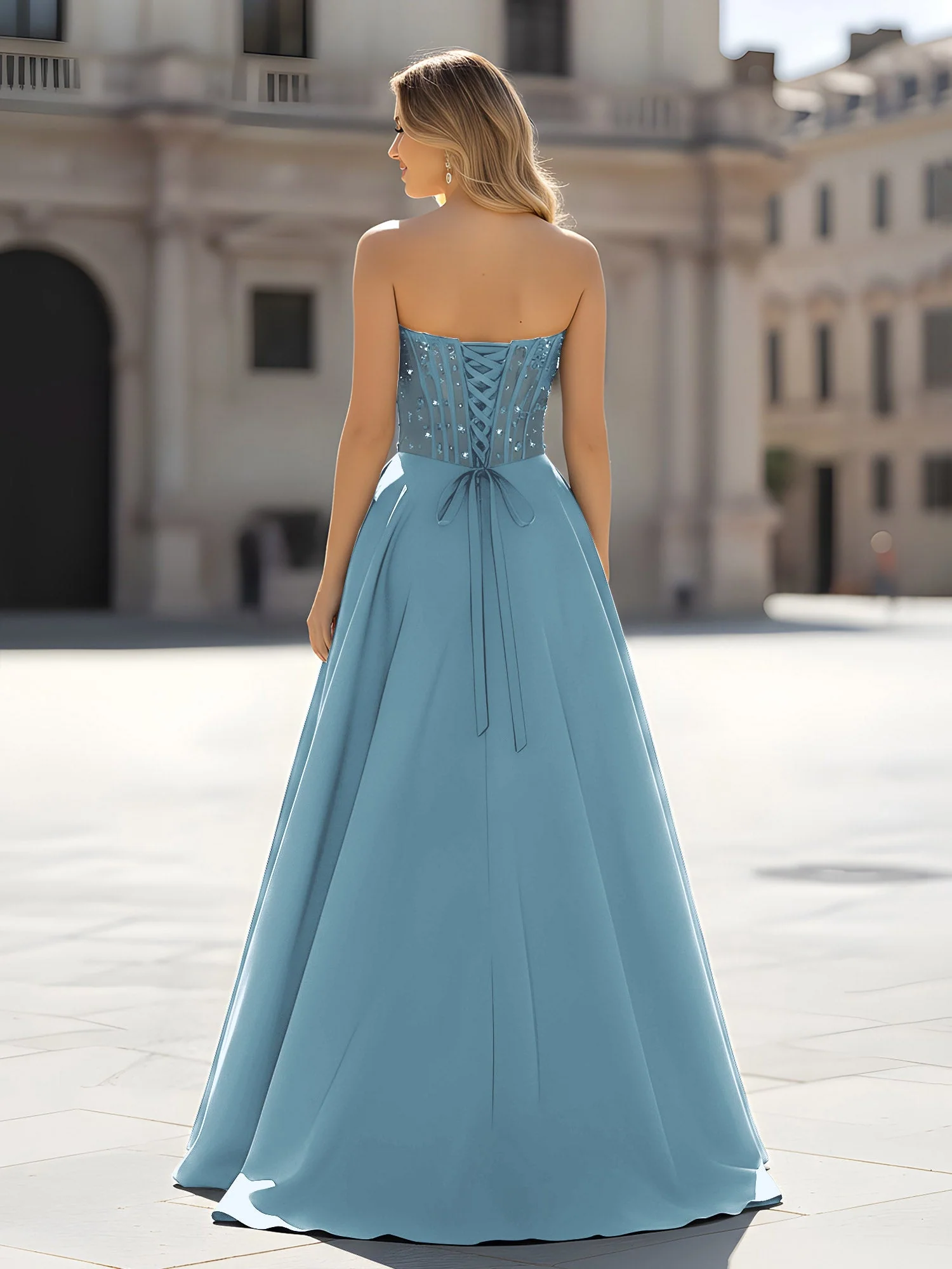 Pailletten Herzform Oberteil A-Linie Kleid mit Schlitz Schiefer Blau - Image 2