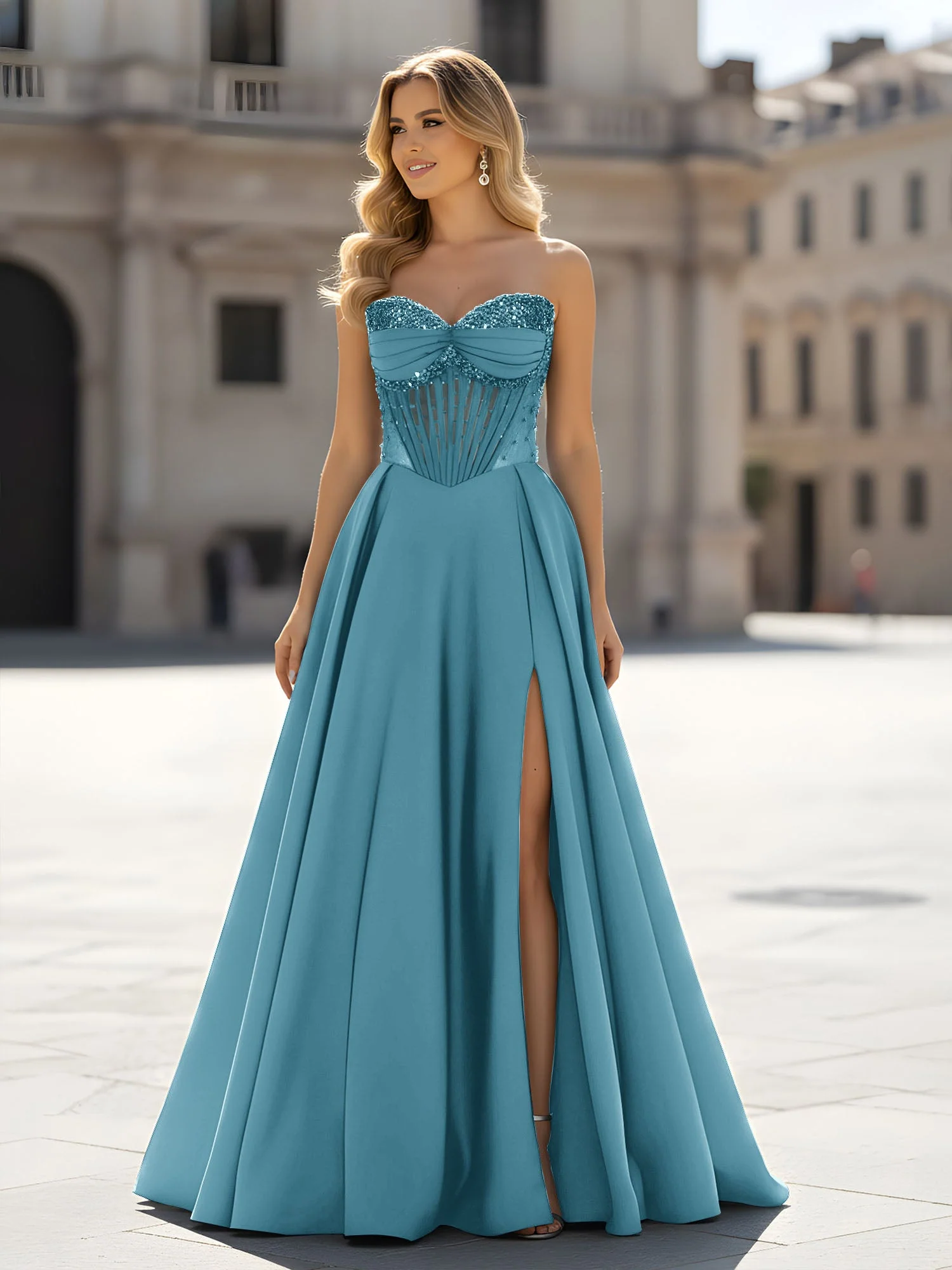 Pailletten Herzform Oberteil A-Linie Kleid mit Schlitz Schwimmbadblau