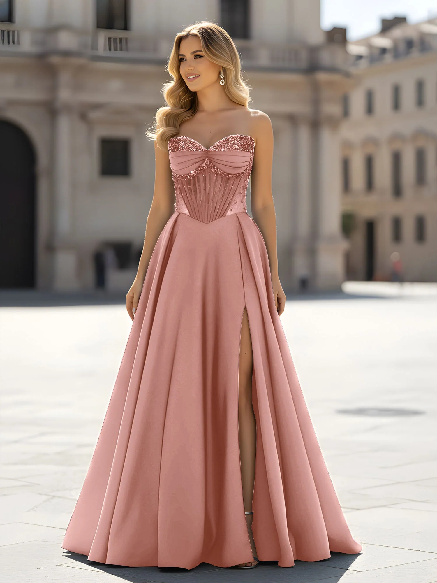 Pailletten Herzform Oberteil A-Linie Kleid mit Schlitz Staubige Rosa