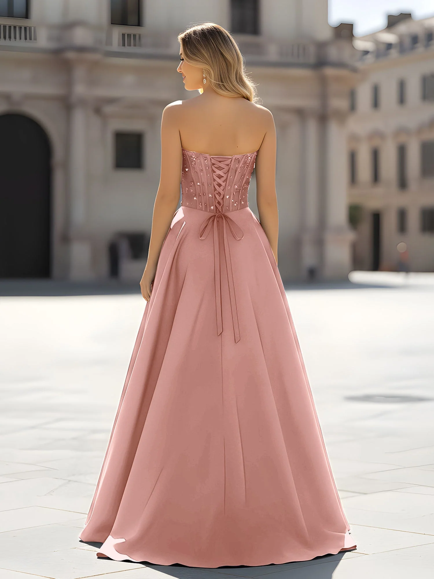 Pailletten Herzform Oberteil A-Linie Kleid mit Schlitz Staubige Rosa - Image 2