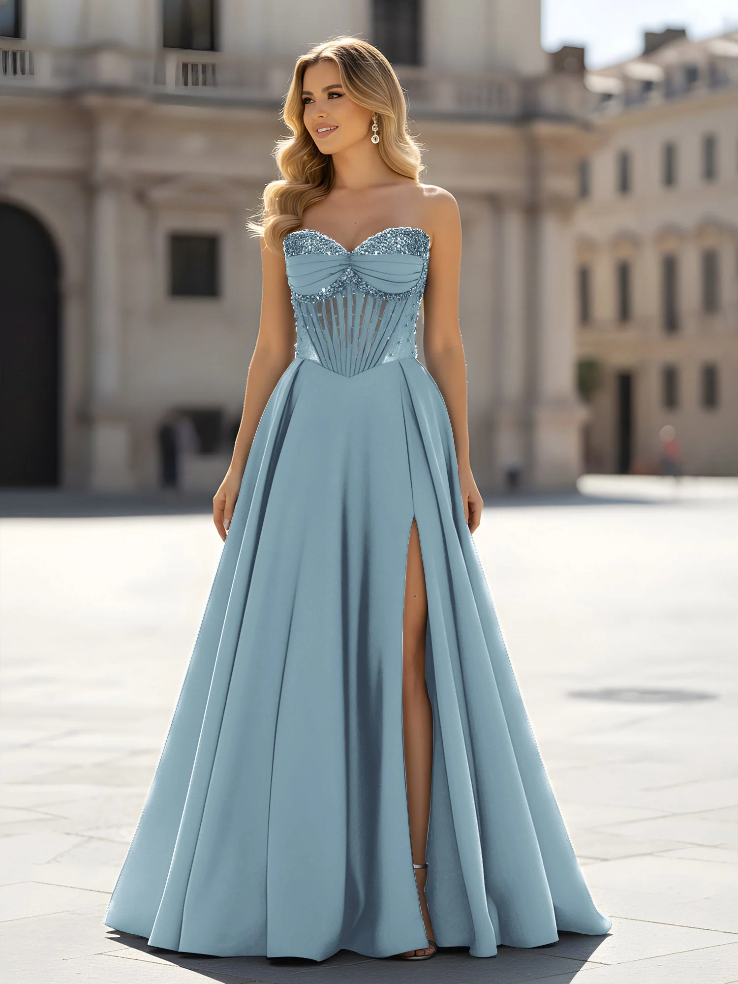 Pailletten Herzform Oberteil A-Linie Kleid mit Schlitz Staubiges Blau