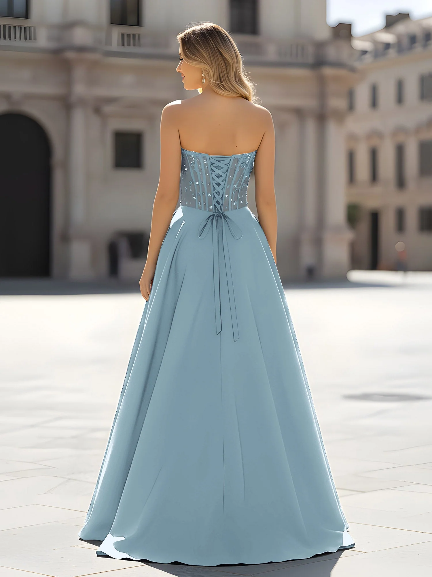 Pailletten Herzform Oberteil A-Linie Kleid mit Schlitz Staubiges Blau - Image 2