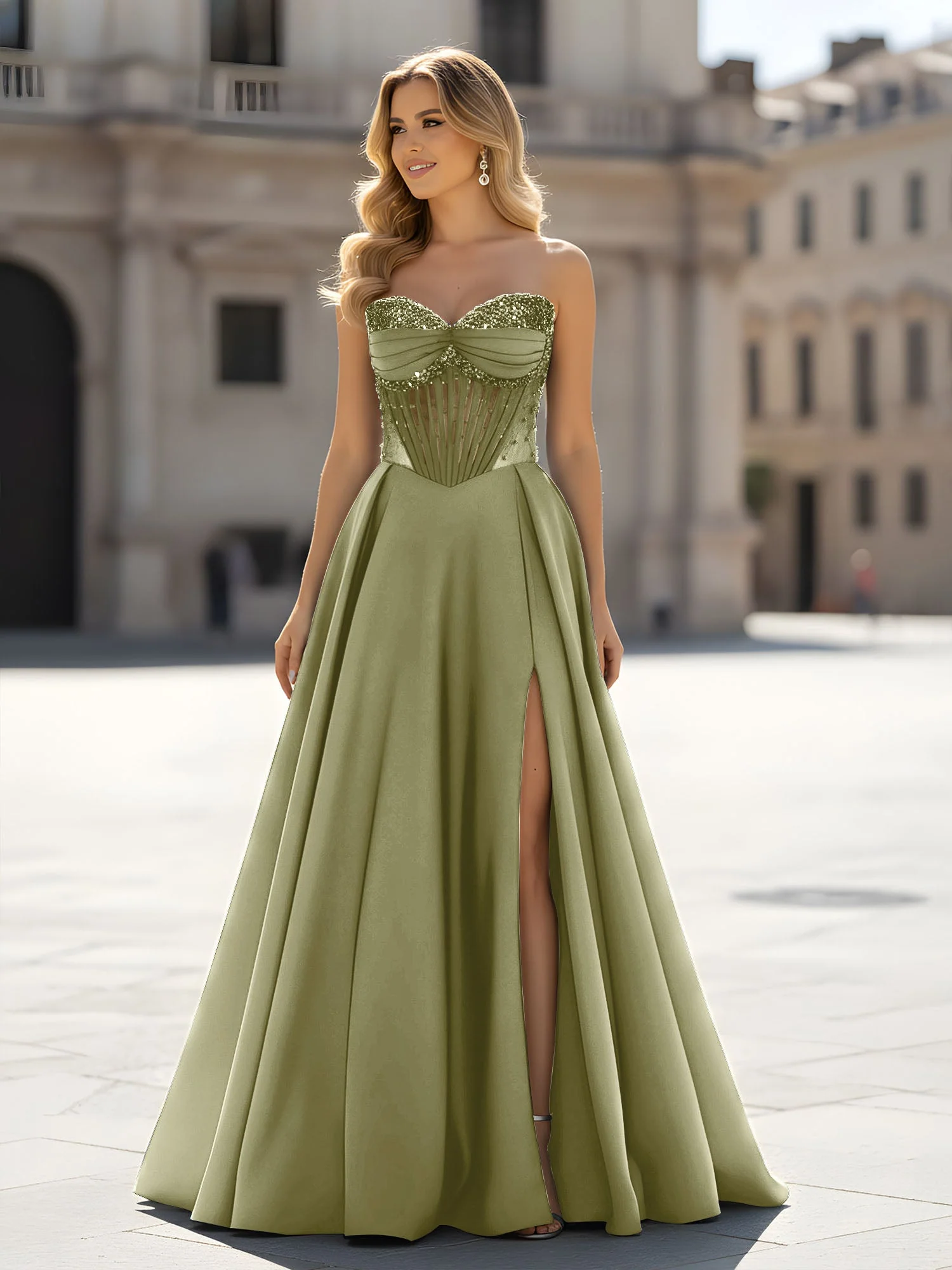 Pailletten Herzform Oberteil A-Linie Kleid mit Schlitz Staubiges Salbei