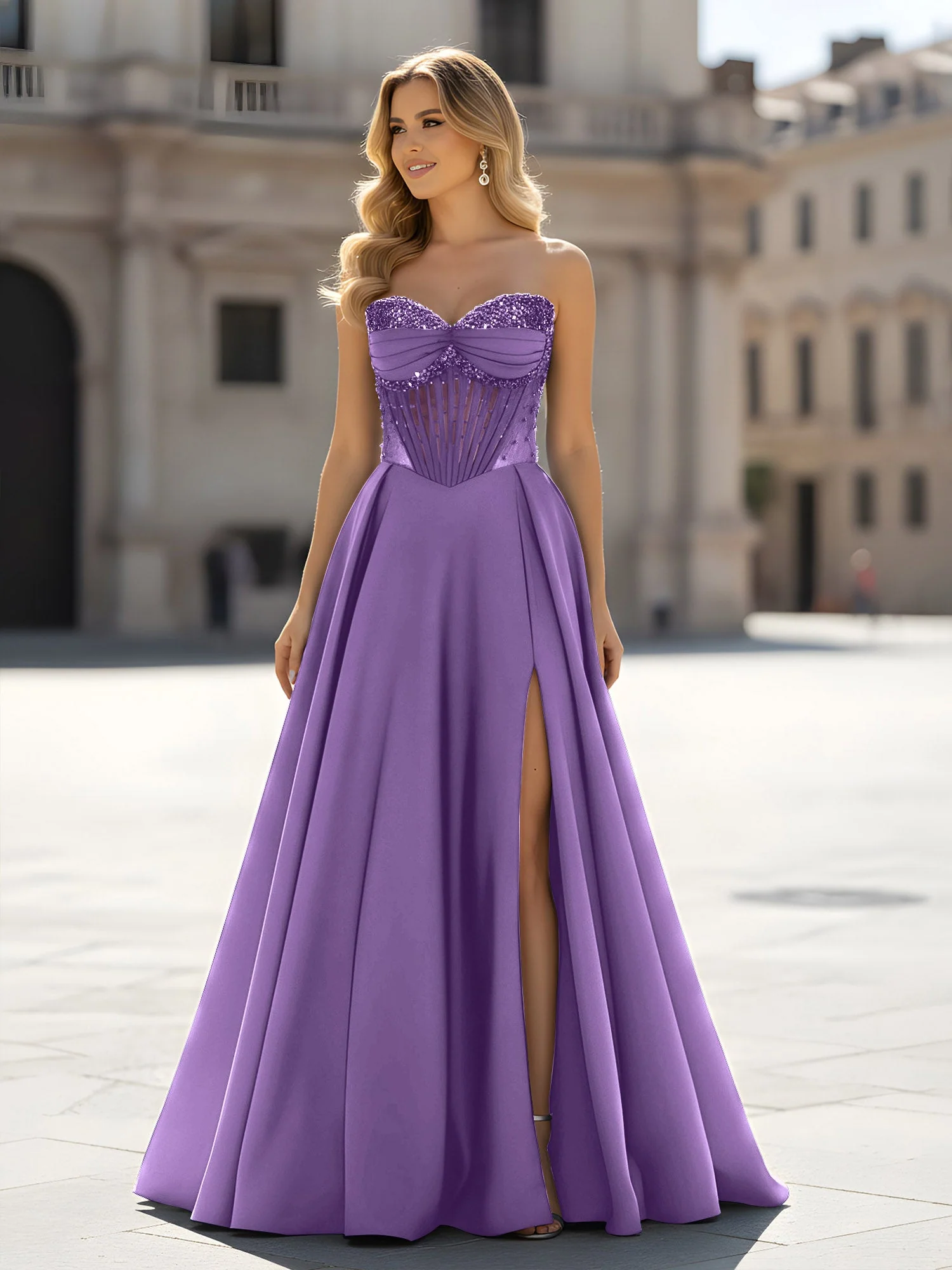 Pailletten Herzform Oberteil A-Linie Kleid mit Schlitz Tahiti