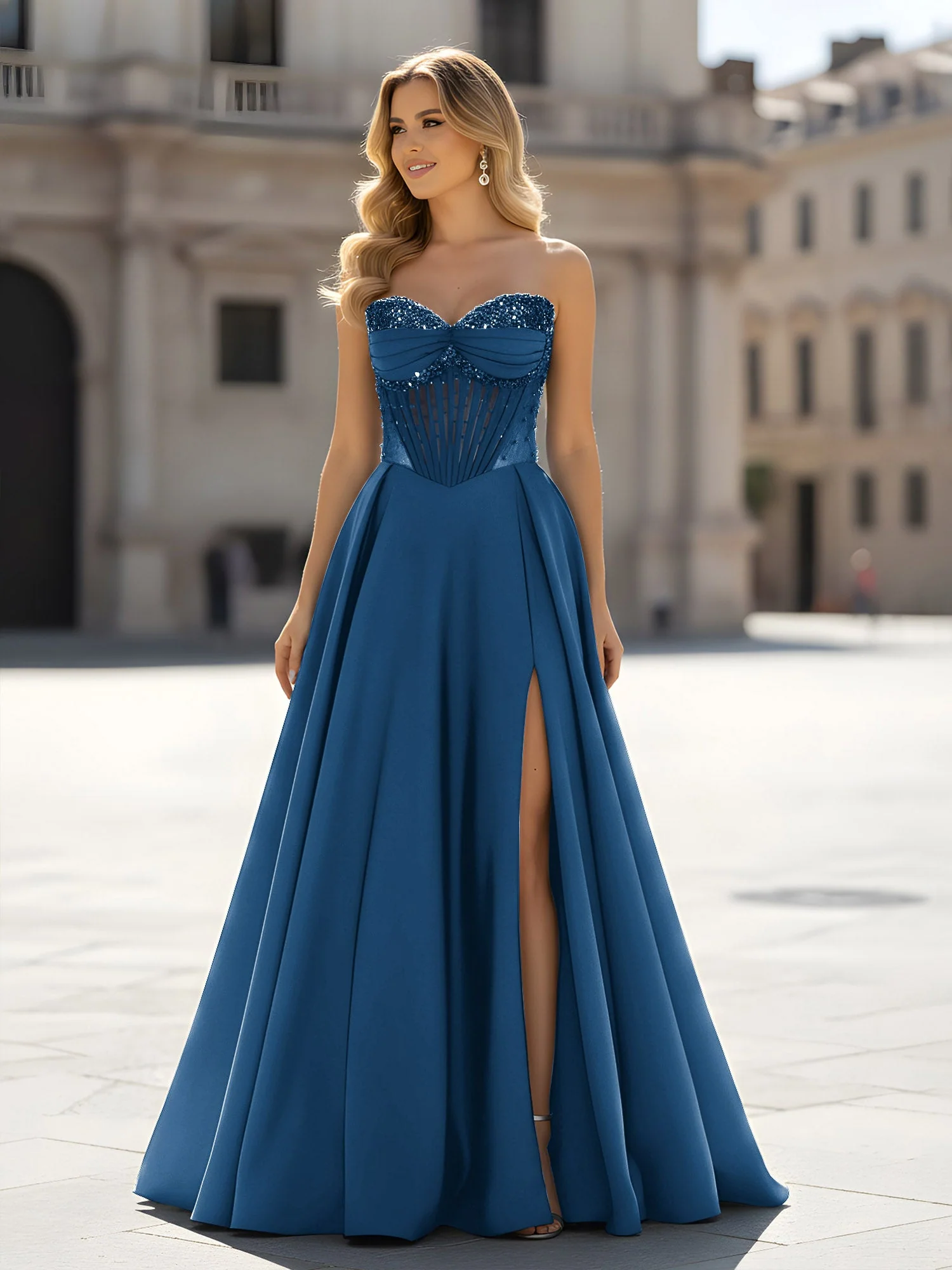 Pailletten Herzform Oberteil A-Linie Kleid mit Schlitz Tinte Blau