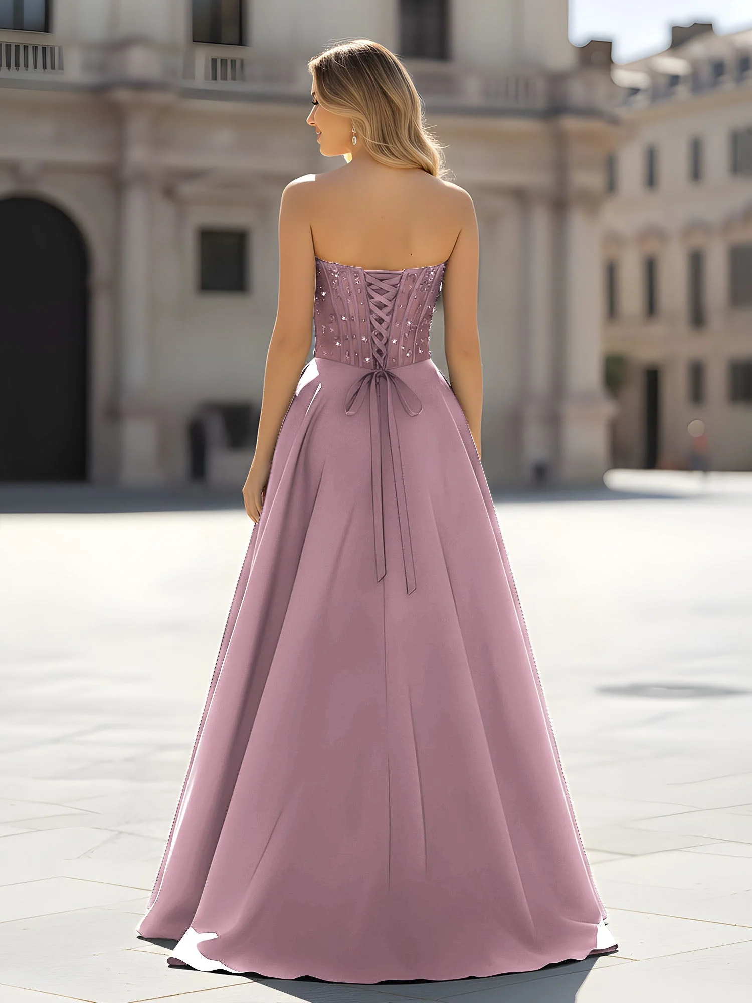 Pailletten Herzform Oberteil A-Linie Kleid mit Schlitz Vintage Mauve - Image 2