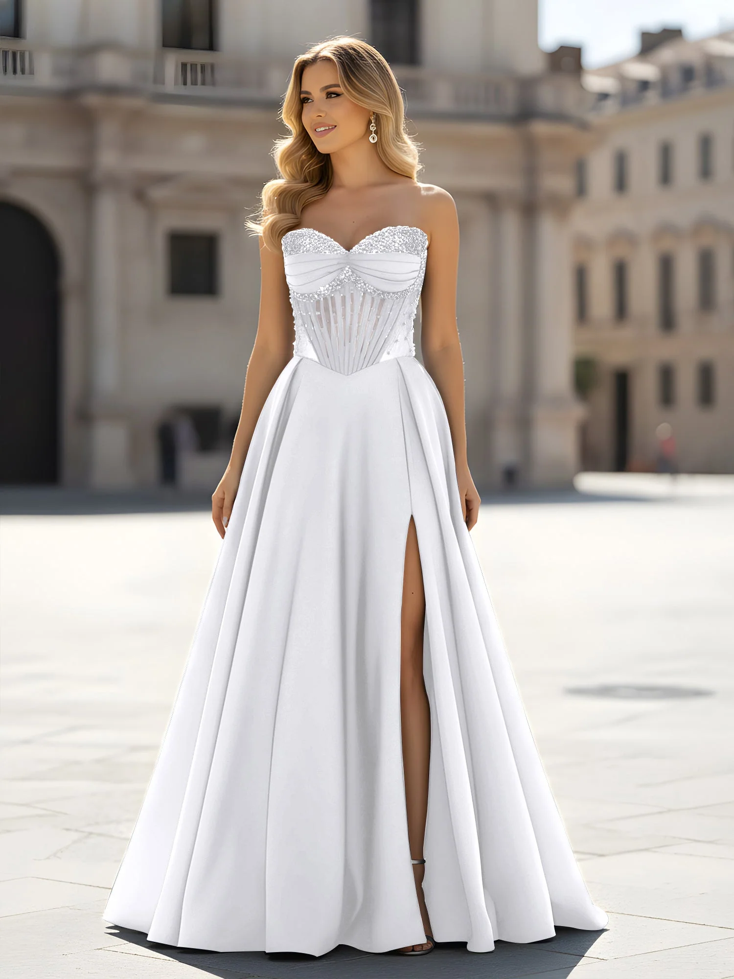 Pailletten Herzform Oberteil A-Linie Kleid mit Schlitz Weiß
