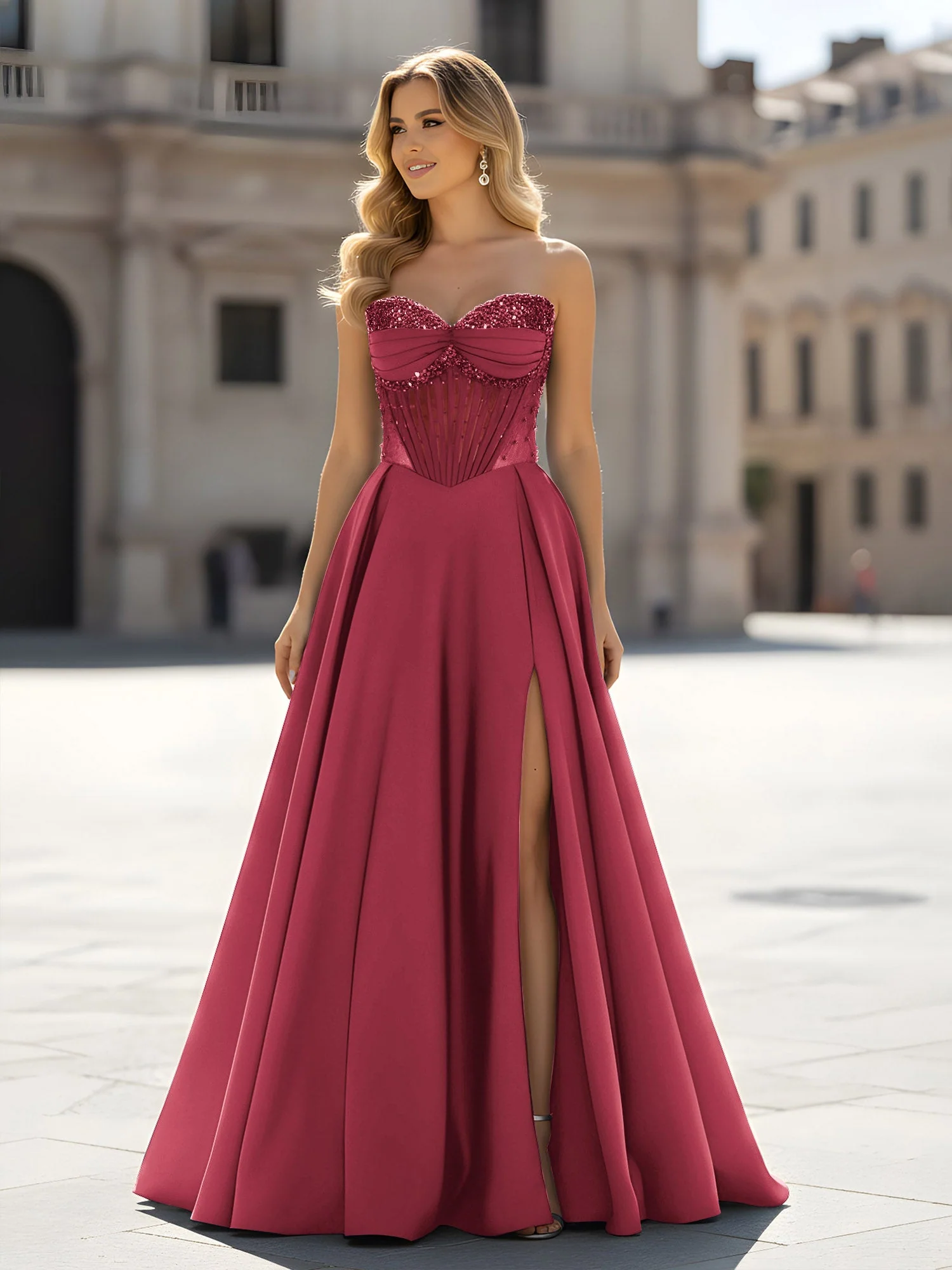 Pailletten Herzform Oberteil A-Linie Kleid mit Schlitz Zimtrose
