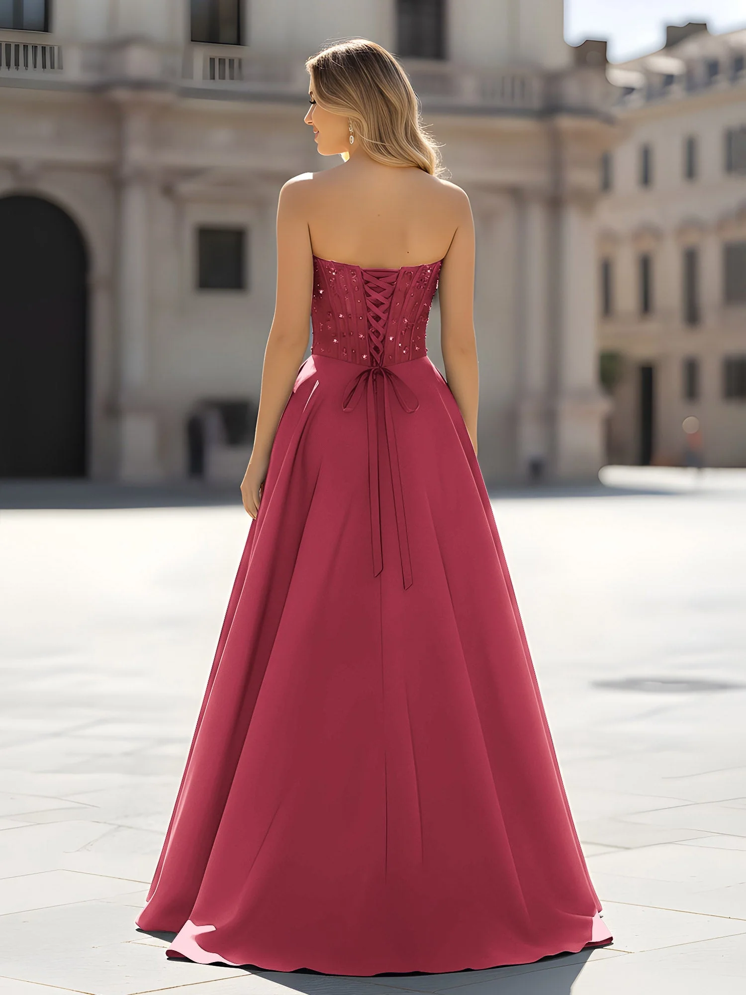 Pailletten Herzform Oberteil A-Linie Kleid mit Schlitz Zimtrose - Image 2