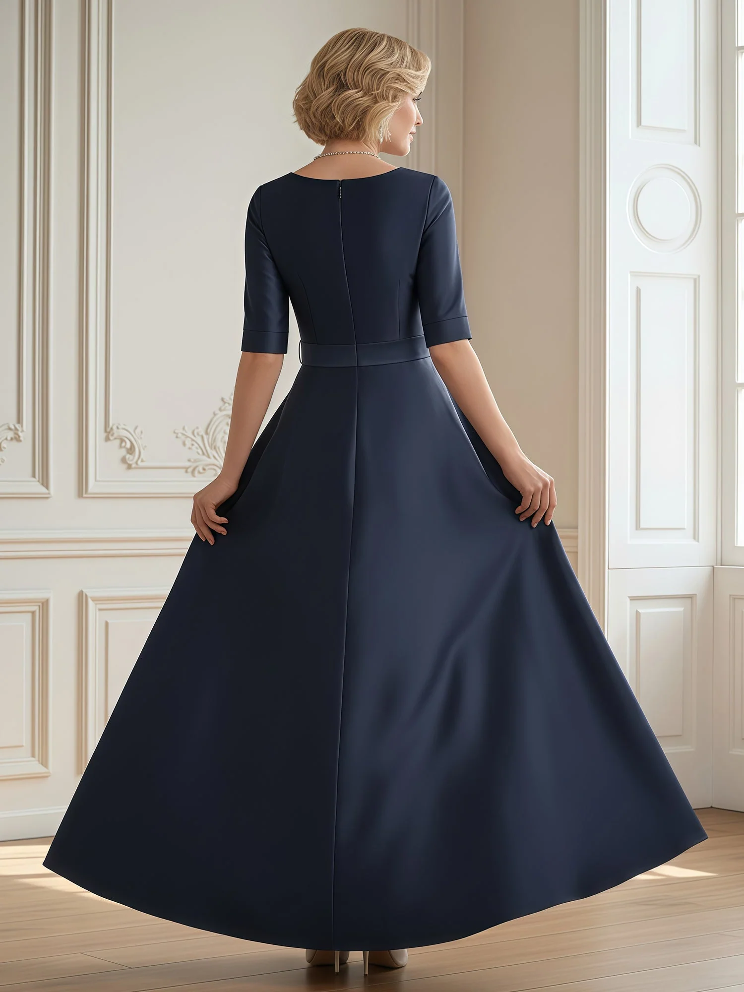 A-Linie Schaufel Halbe Ärmel Lang Kleid mit Schleife Schiefer Blau - Image 2