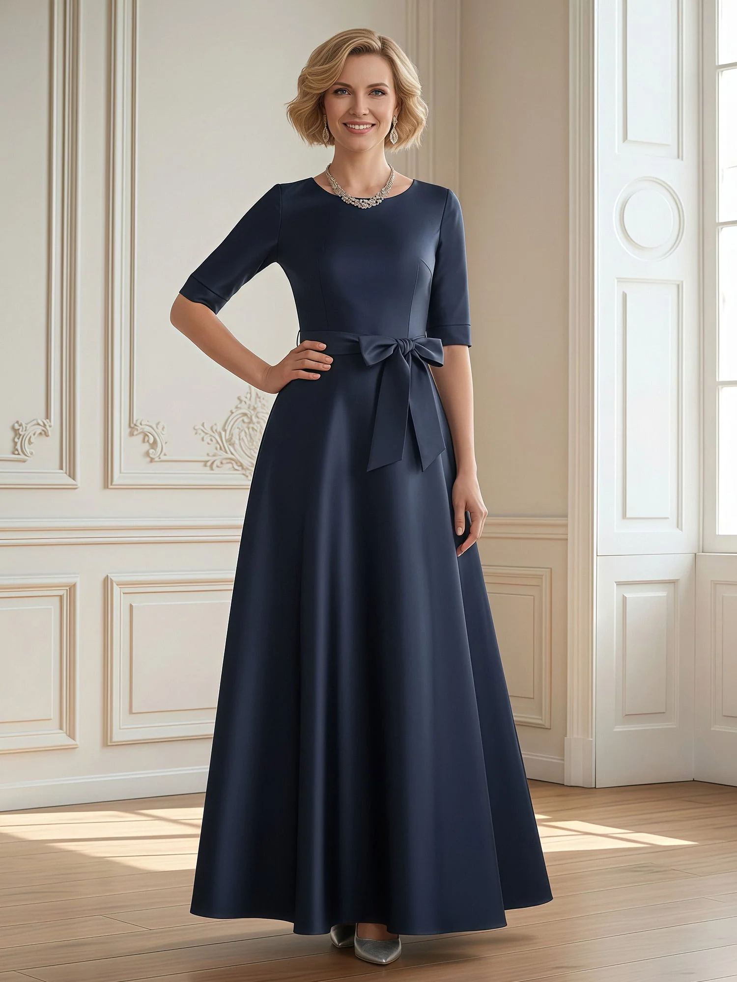 A-Linie Schaufel Halbe Ärmel Lang Kleid mit Schleife Staubige Rosa