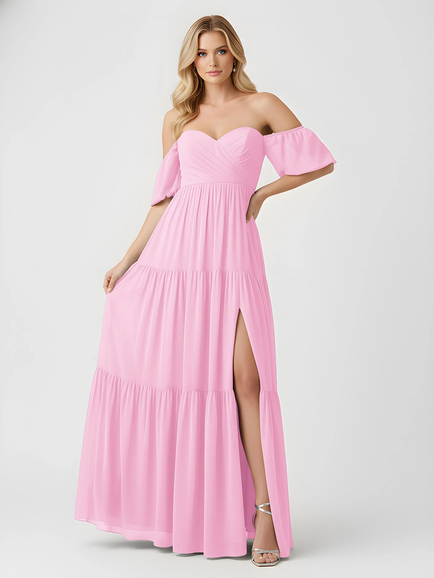 Schulterfrei Stufen Chiffon Maxi Kleid mit Schlitz Bonbonrosa - Image 3