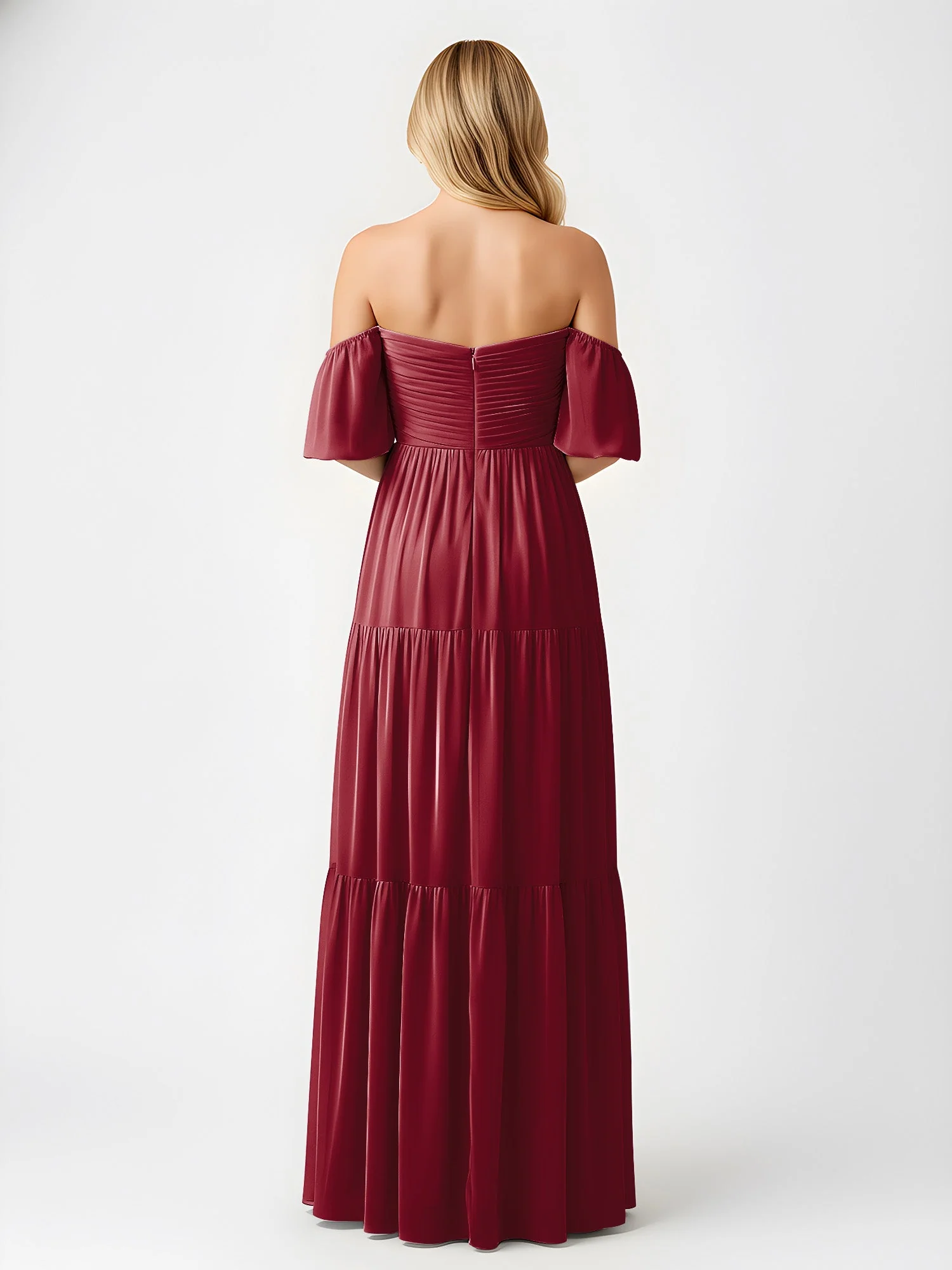 Schulterfrei Stufen Chiffon Maxi Kleid mit Schlitz Burgunderrot - Image 2