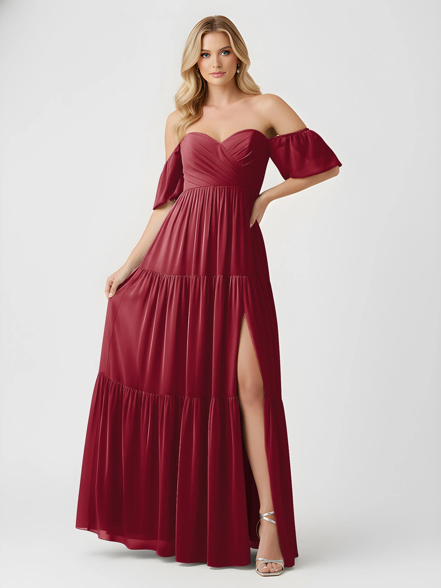 Schulterfrei Stufen Chiffon Maxi Kleid mit Schlitz Burgunderrot - Image 3
