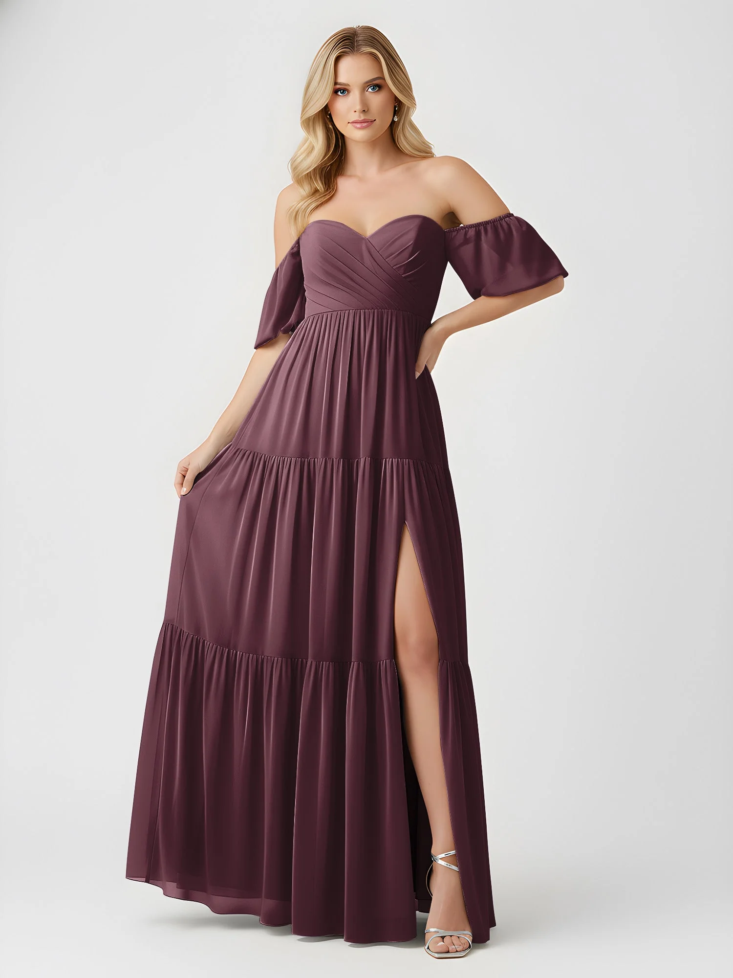 Schulterfrei Stufen Chiffon Maxi Kleid mit Schlitz Cabernet - Image 3