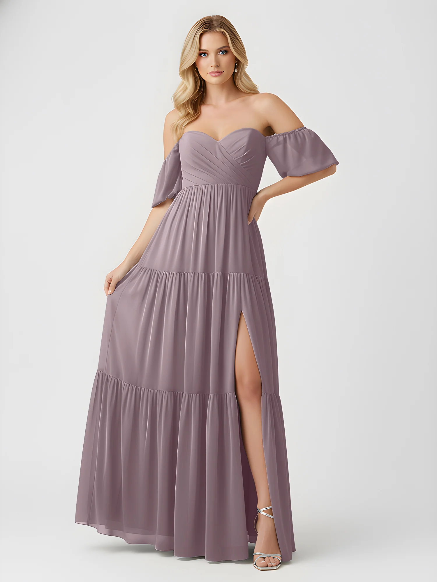 Schulterfrei Stufen Chiffon Maxi Kleid mit Schlitz Dämmerung - Image 3