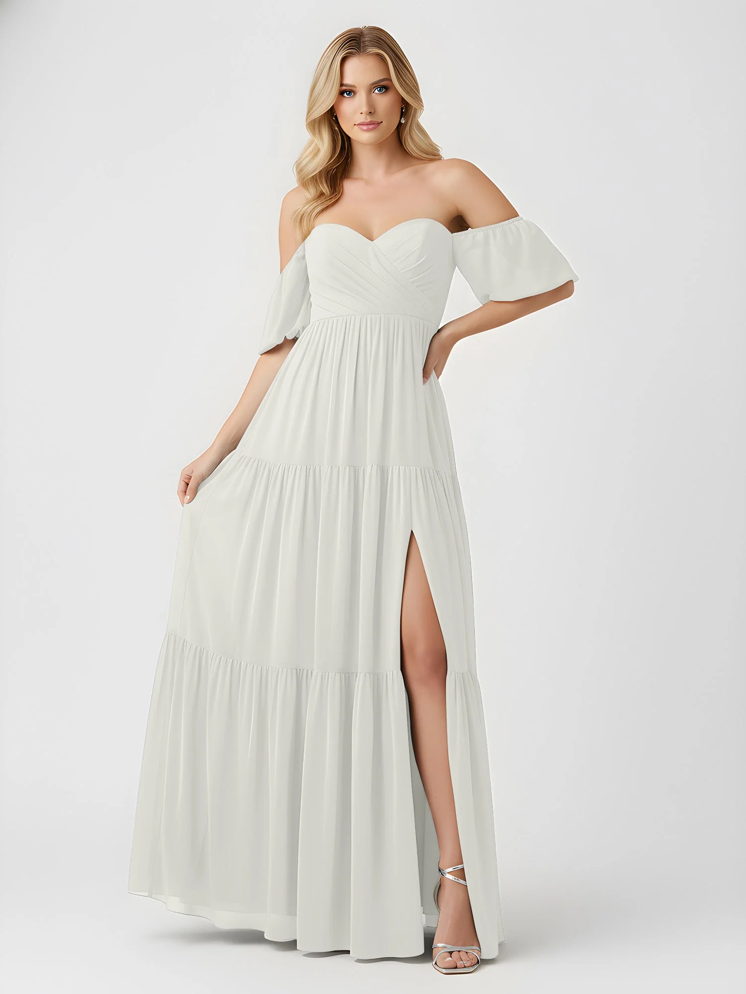 Schulterfrei Stufen Chiffon Maxi Kleid mit Schlitz Elfenbein - Image 3