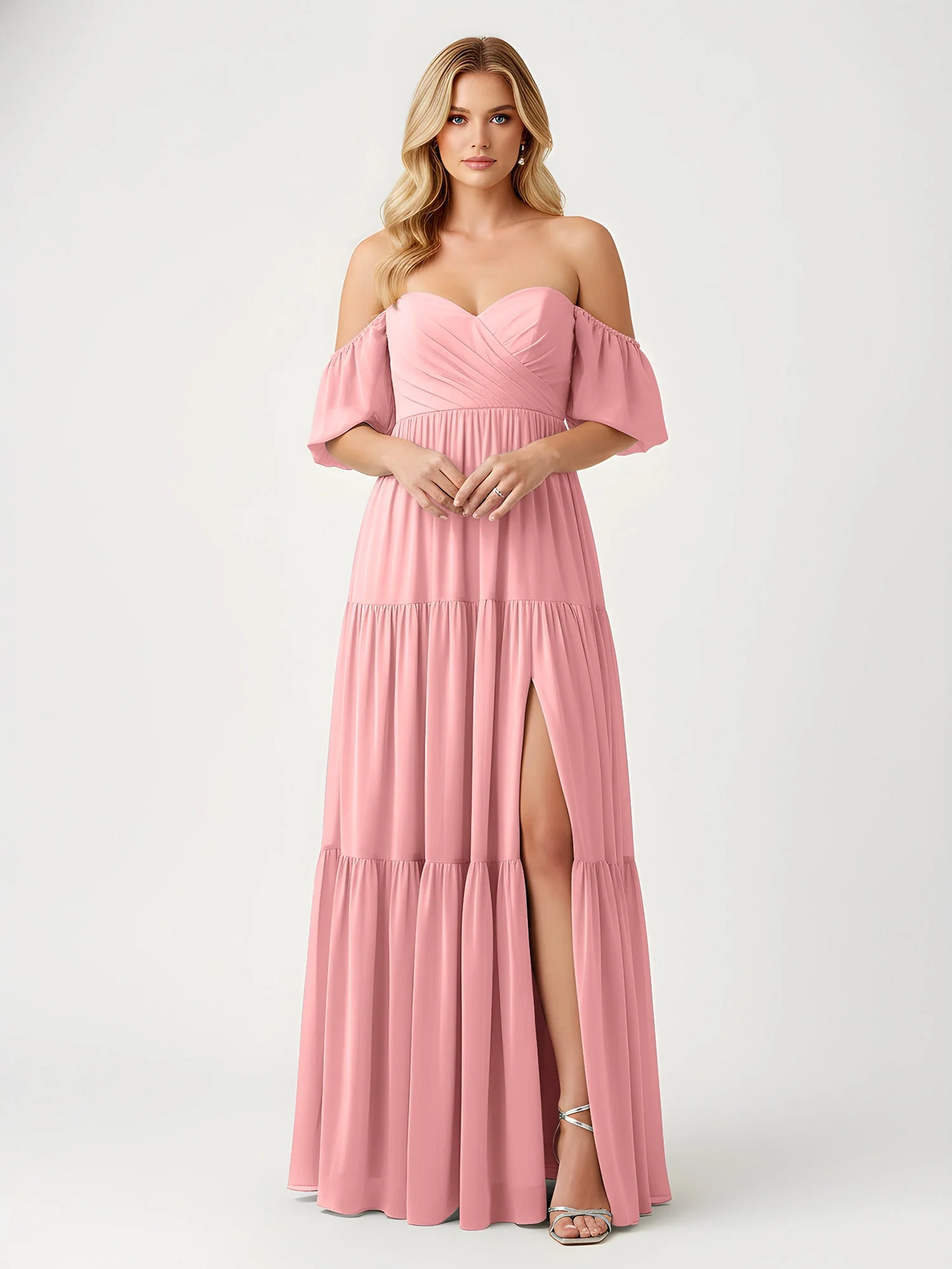 Schulterfrei Stufen Chiffon Maxi Kleid mit Schlitz Flamingo