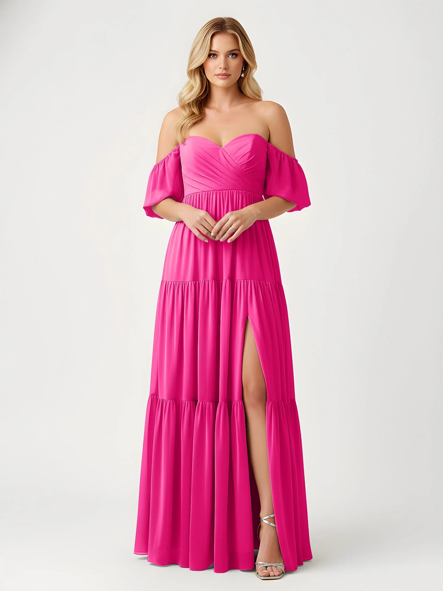 Schulterfrei Stufen Chiffon Maxi Kleid mit Schlitz Fuchsia
