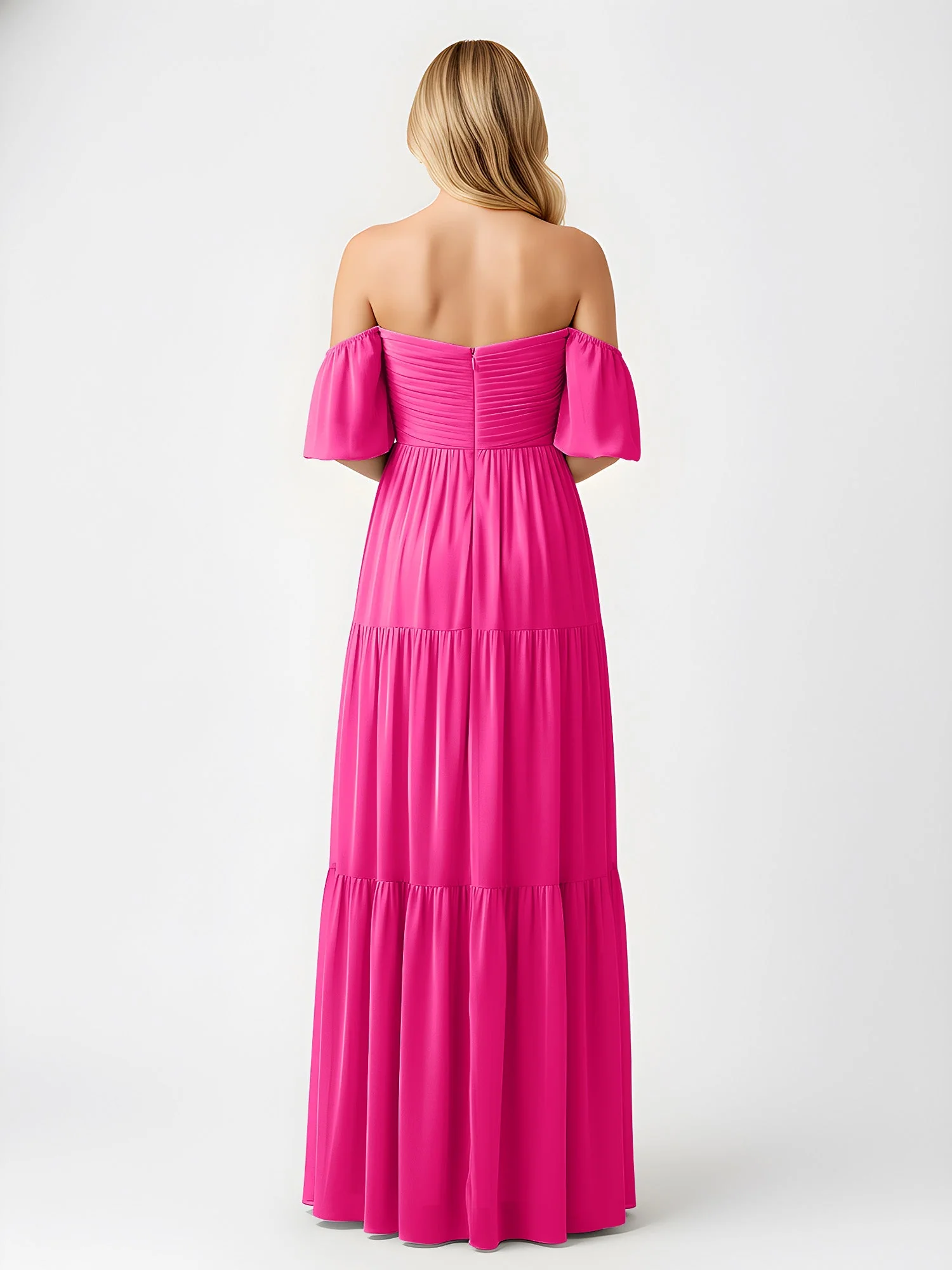 Schulterfrei Stufen Chiffon Maxi Kleid mit Schlitz Fuchsia - Image 2