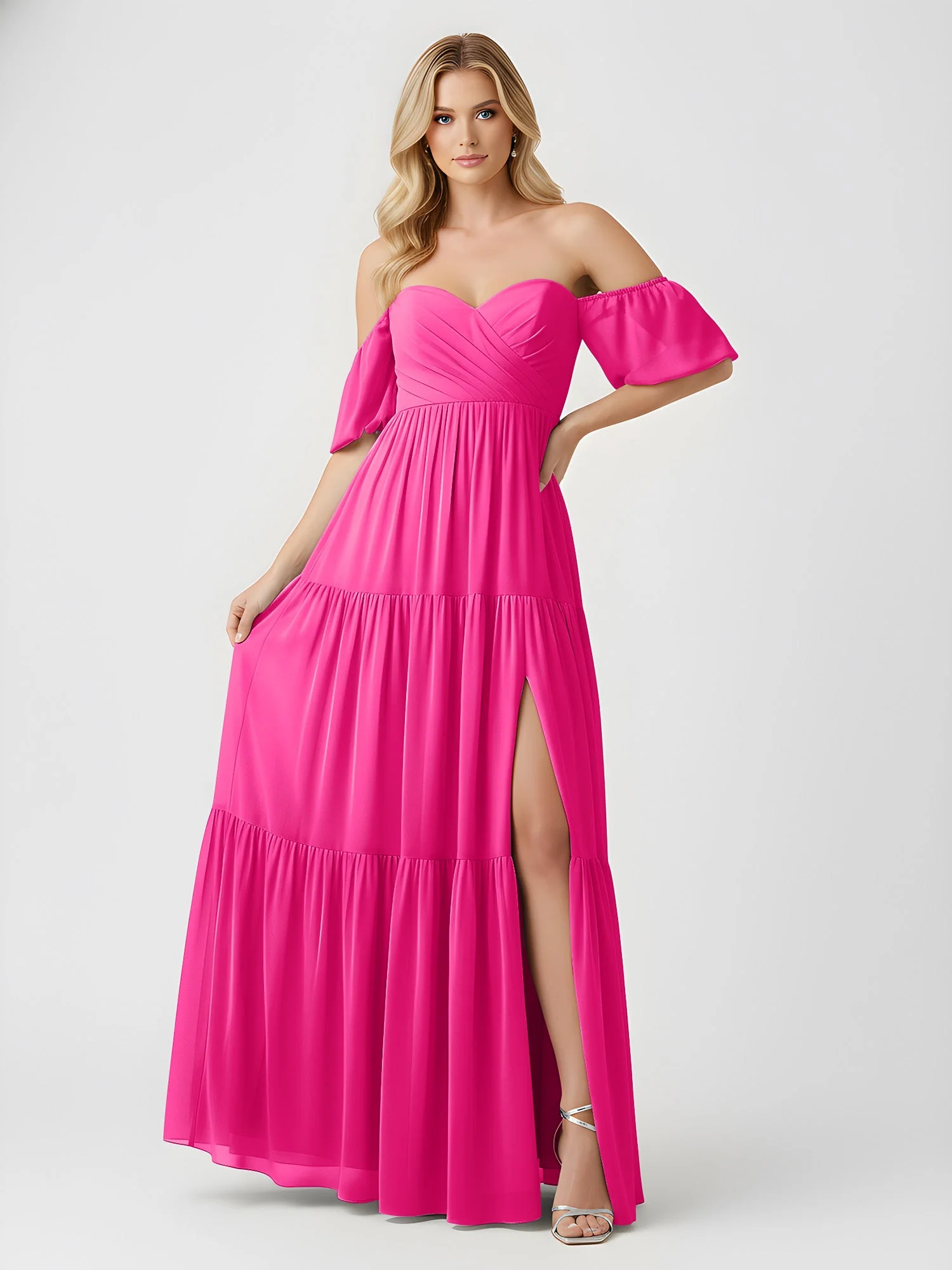 Schulterfrei Stufen Chiffon Maxi Kleid mit Schlitz Fuchsia - Image 3