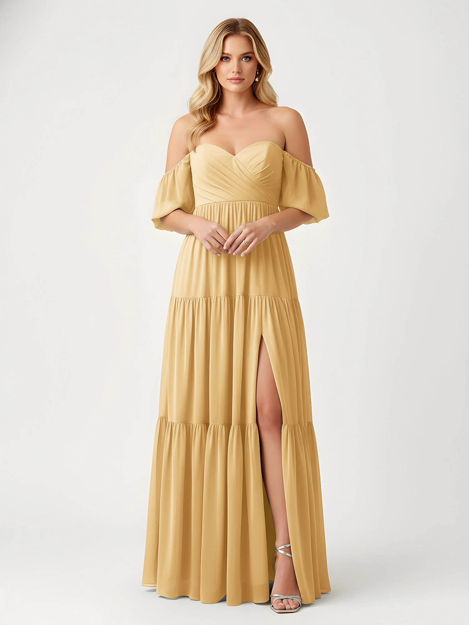 Schulterfrei Stufen Chiffon Maxi Kleid mit Schlitz Gold