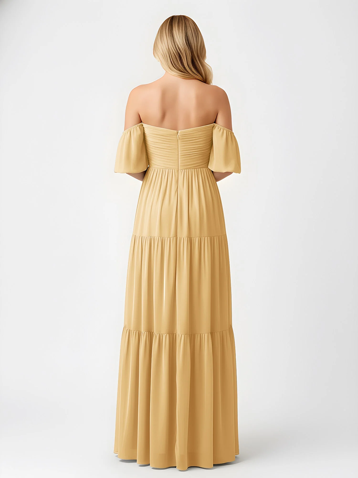 Schulterfrei Stufen Chiffon Maxi Kleid mit Schlitz Gold - Image 2