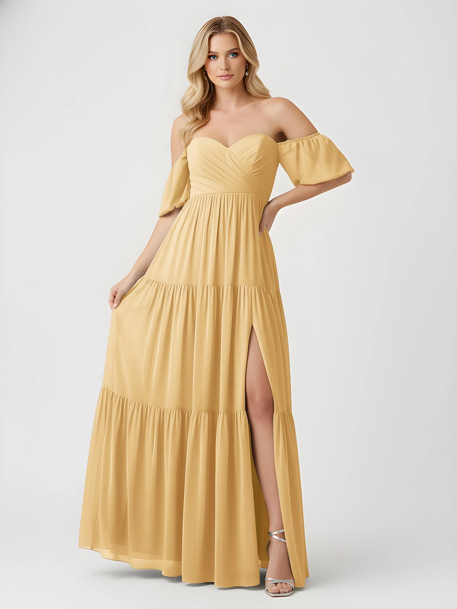 Schulterfrei Stufen Chiffon Maxi Kleid mit Schlitz Gold - Image 3