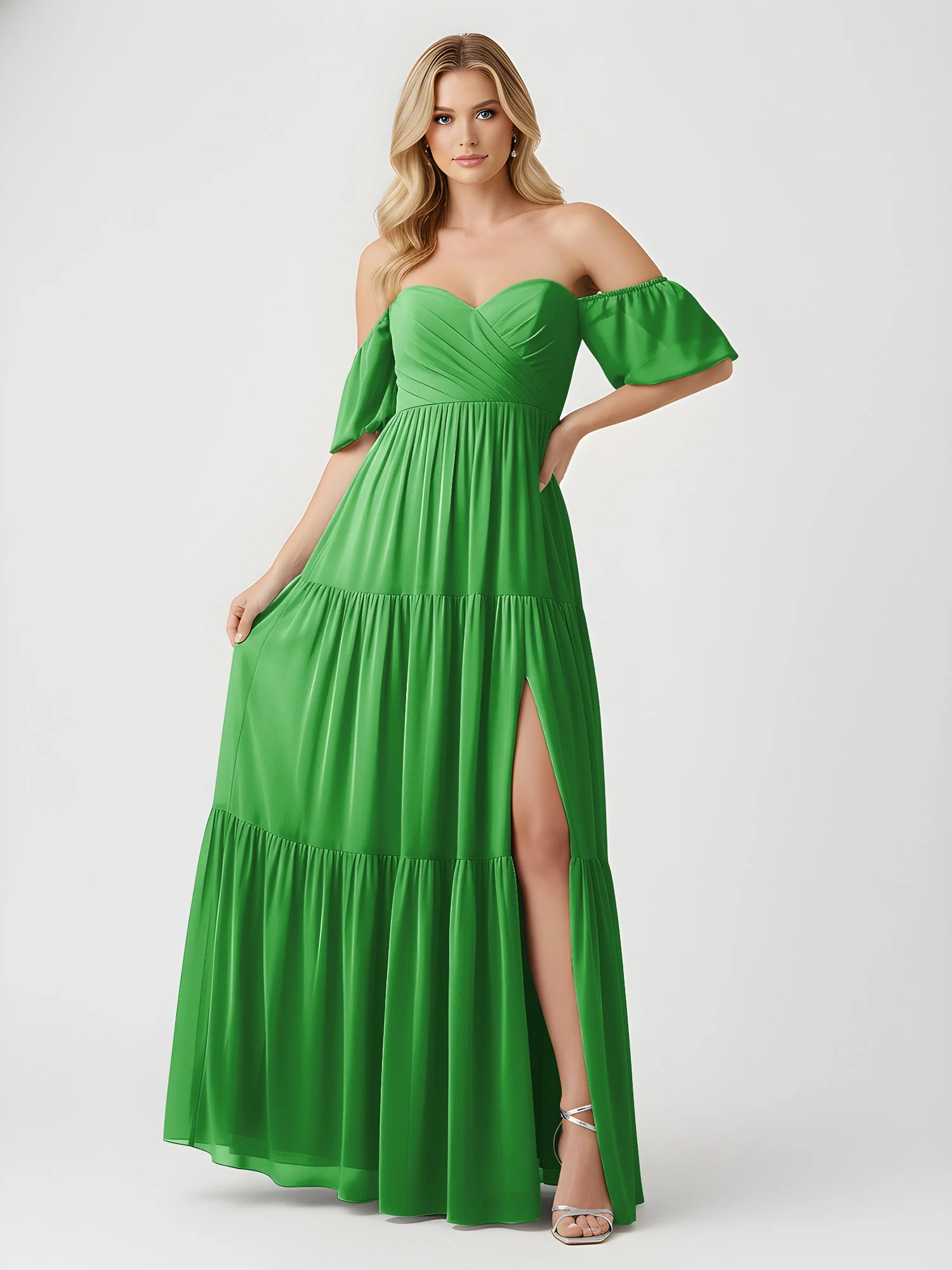 Schulterfrei Stufen Chiffon Maxi Kleid mit Schlitz Grün - Image 3