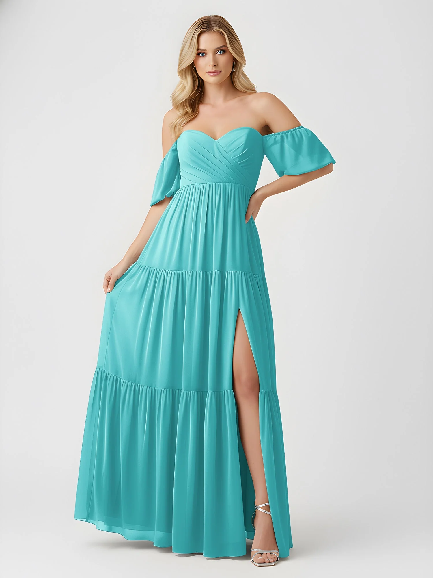 Schulterfrei Stufen Chiffon Maxi Kleid mit Schlitz Jade - Image 3