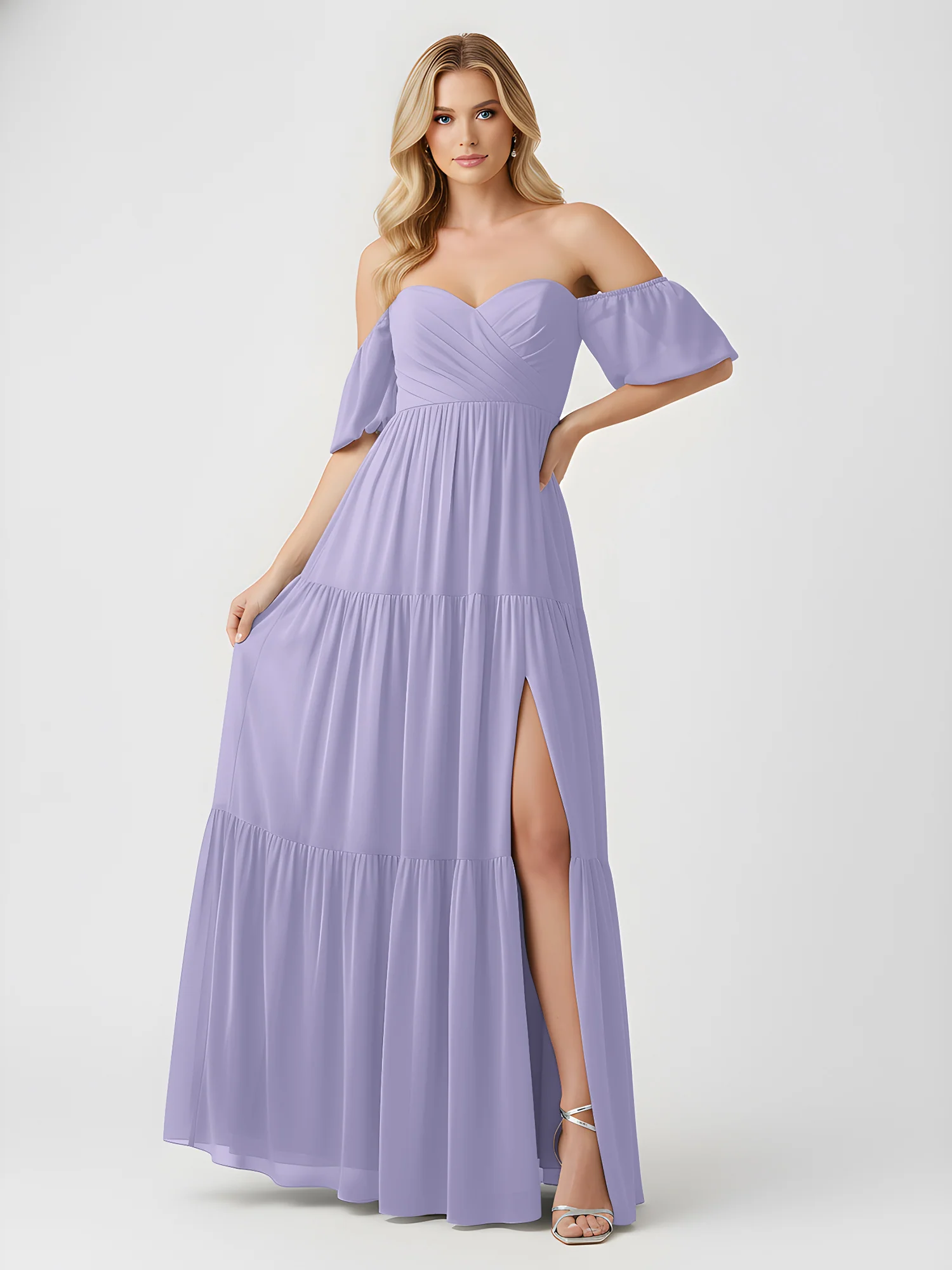 Schulterfrei Stufen Chiffon Maxi Kleid mit Schlitz Lavendel - Image 3