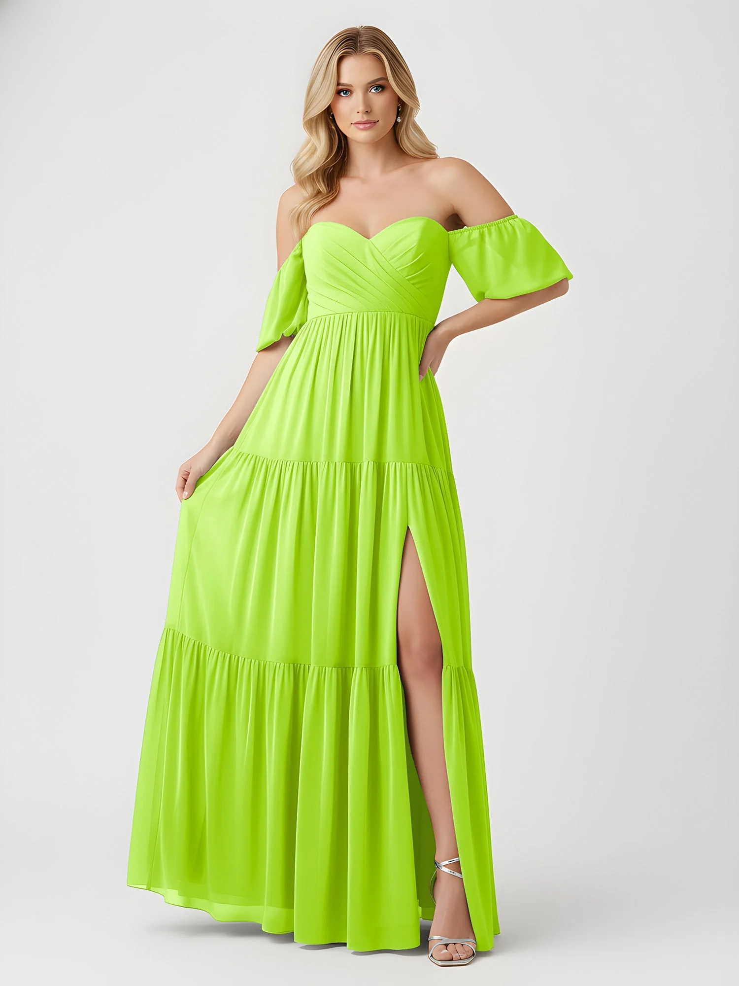 Schulterfrei Stufen Chiffon Maxi Kleid mit Schlitz Lindgrün - Image 3