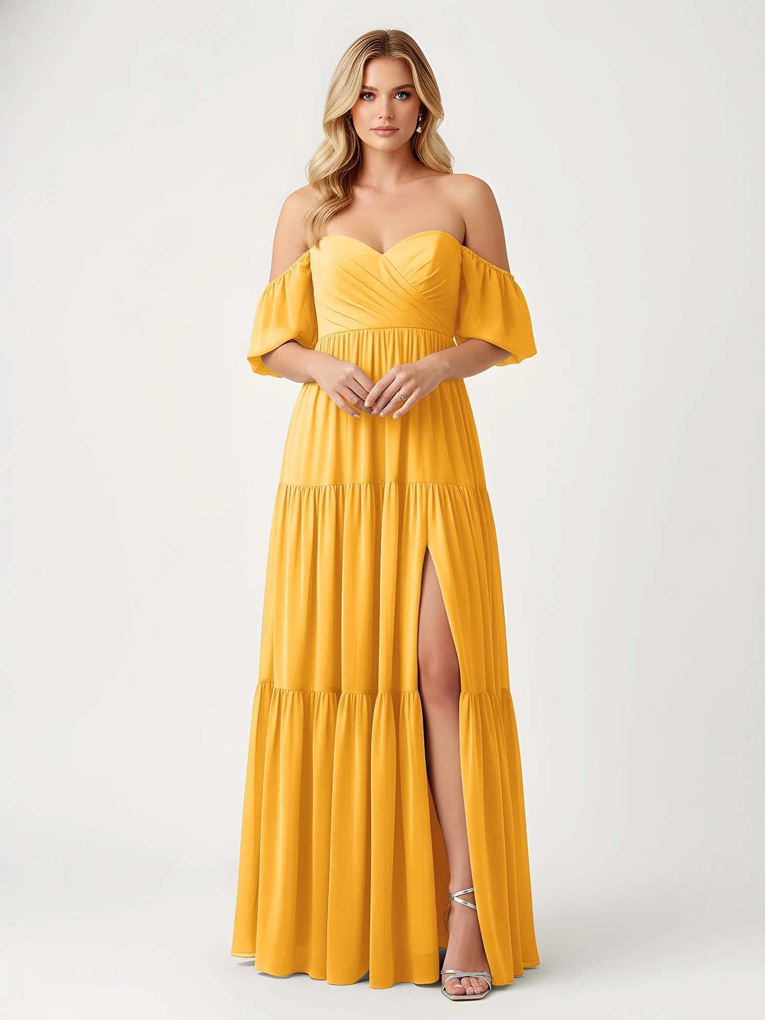 Schulterfrei Stufen Chiffon Maxi Kleid mit Schlitz Mandarine