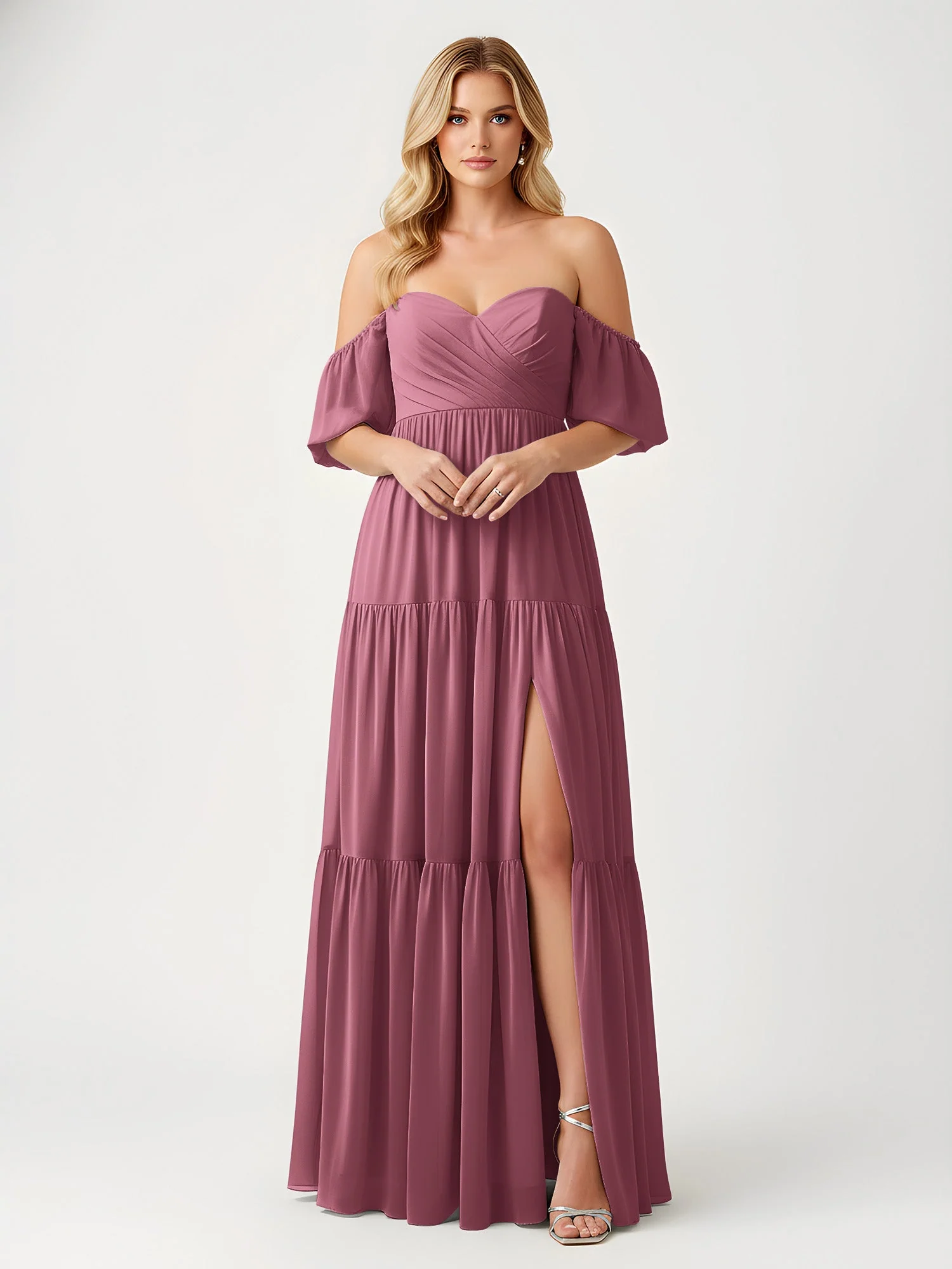 Schulterfrei Stufen Chiffon Maxi Kleid mit Schlitz Maulbeere