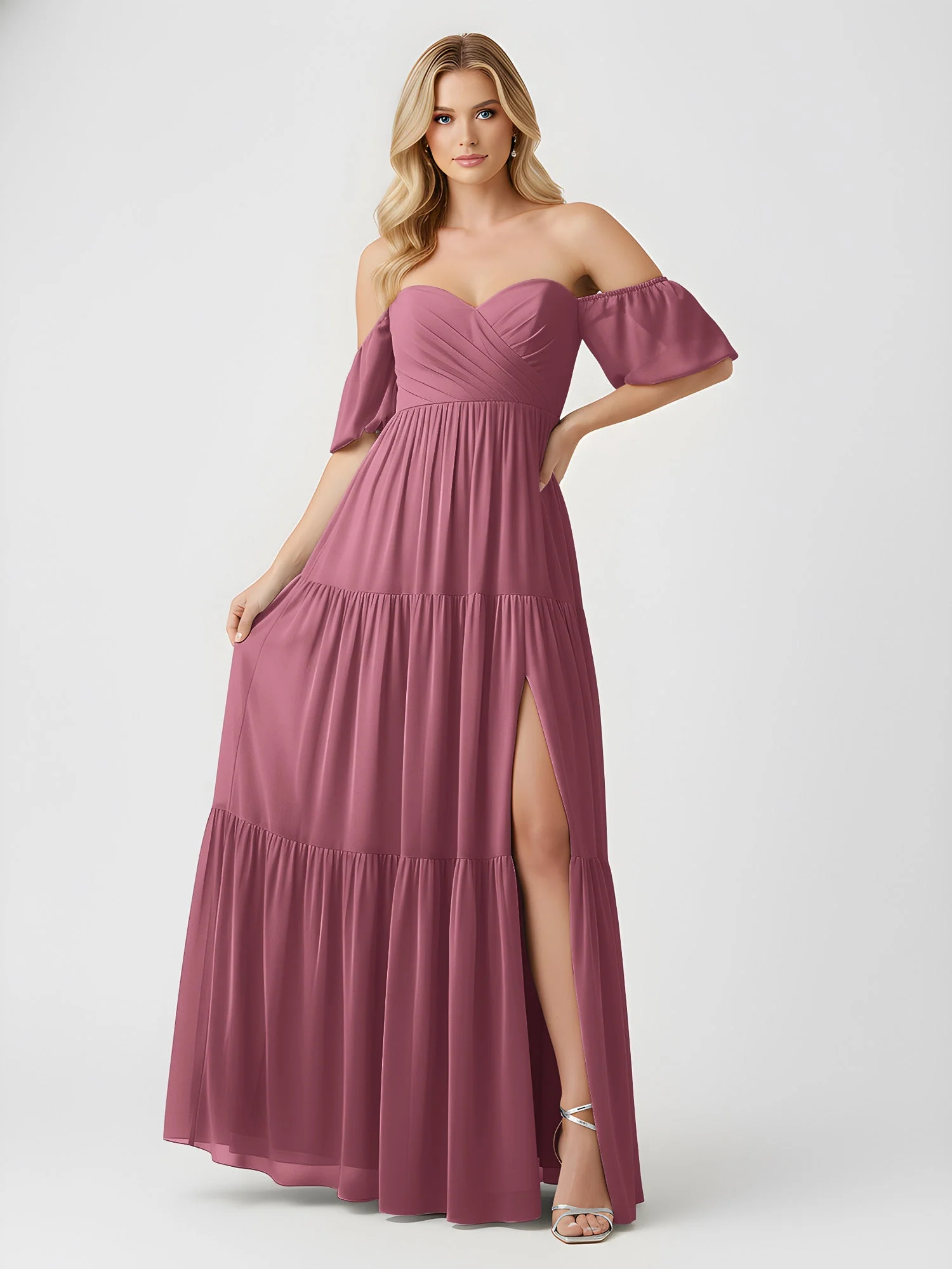 Schulterfrei Stufen Chiffon Maxi Kleid mit Schlitz Maulbeere - Image 3