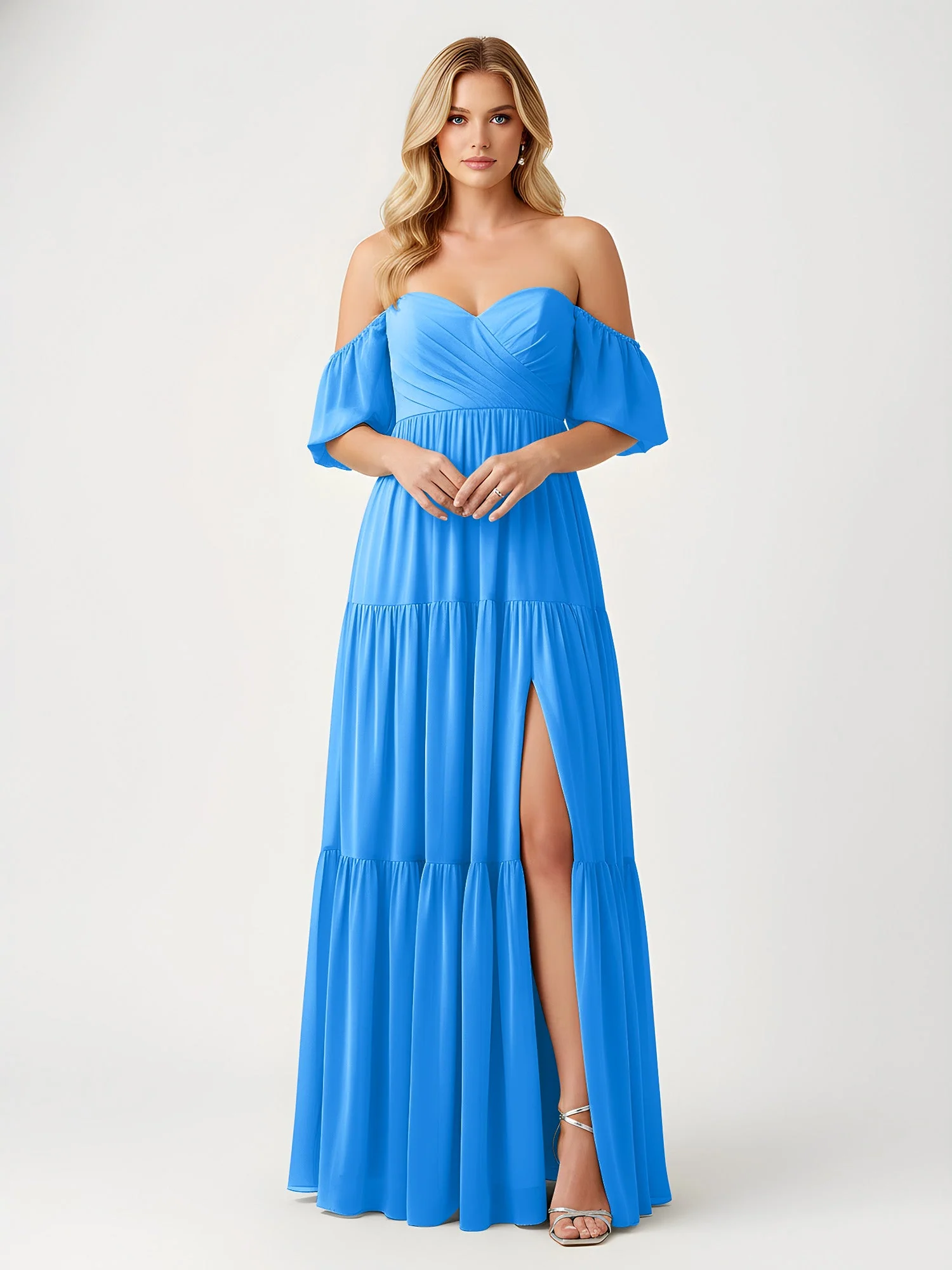 Schulterfrei Stufen Chiffon Maxi Kleid mit Schlitz Meerblau