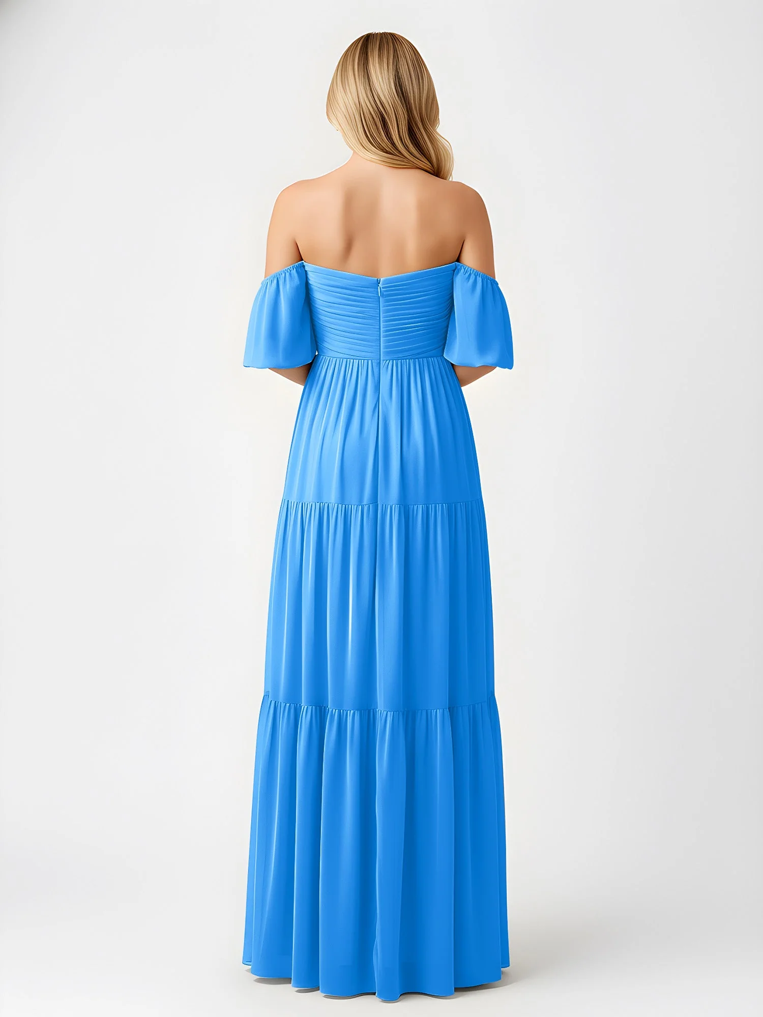 Schulterfrei Stufen Chiffon Maxi Kleid mit Schlitz Meerblau - Image 2